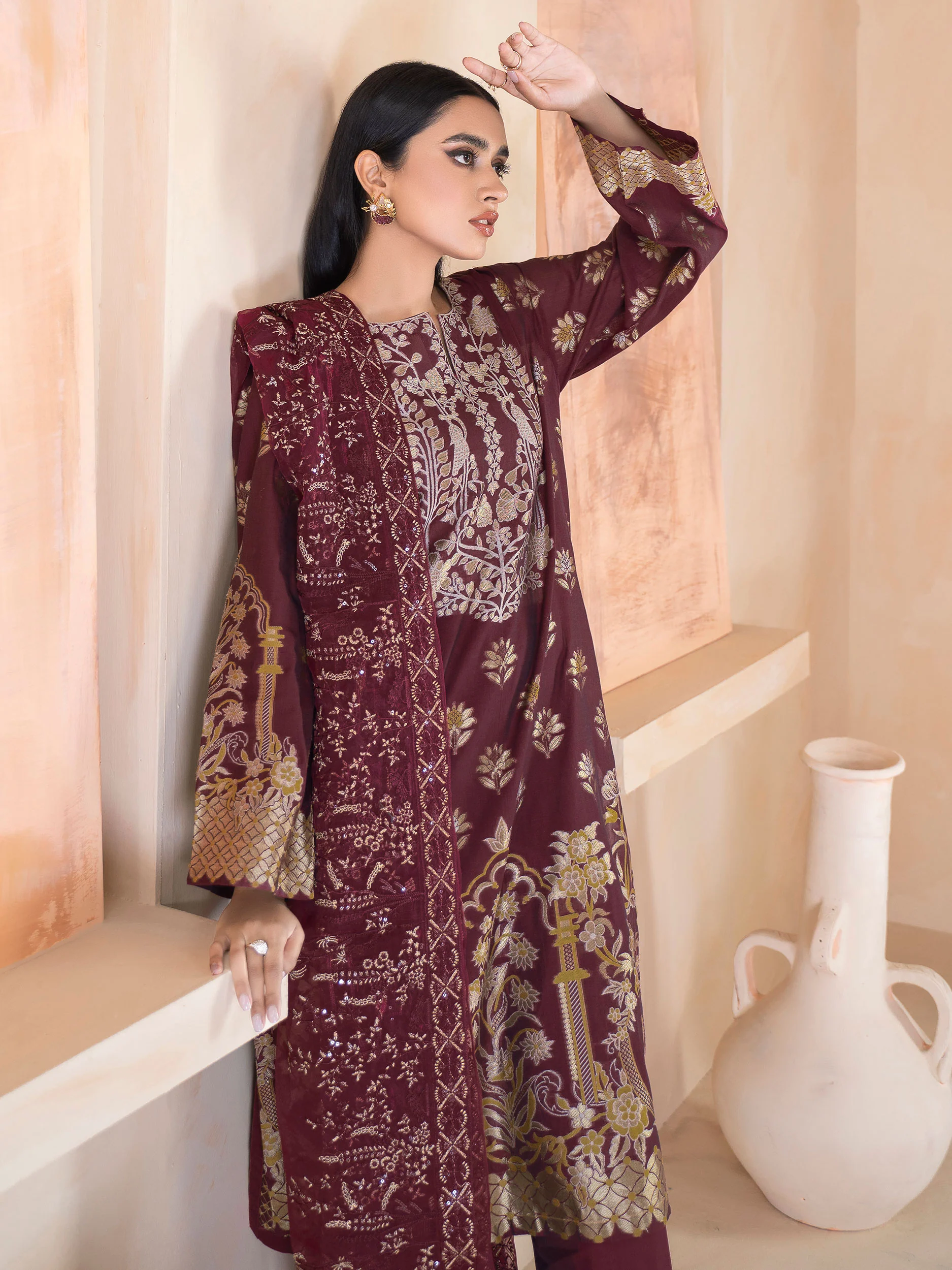3 Piece Jacquard Suit-Embroidered (Unstitched) - Image 3