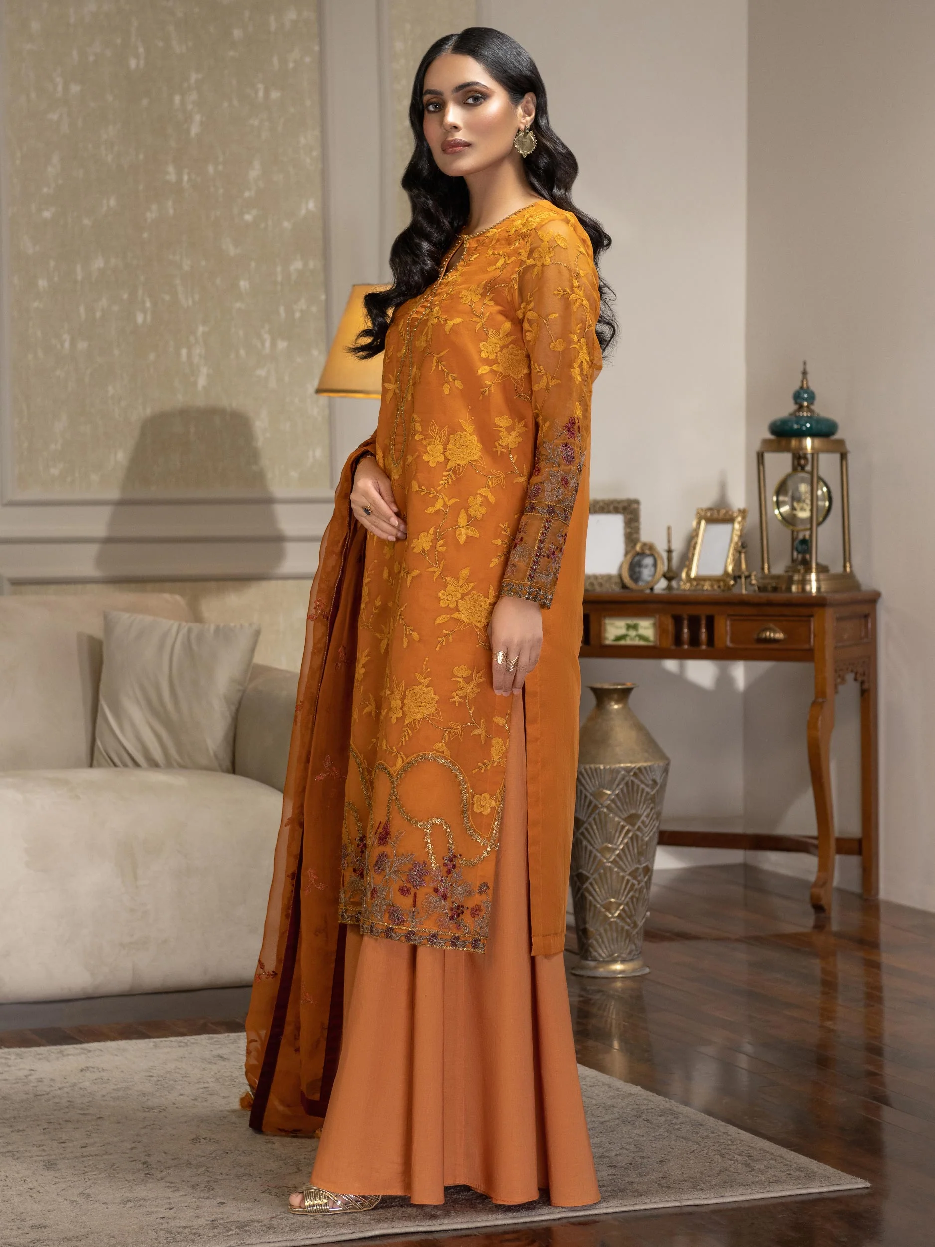 3 Piece Organza Suit-Embroidered (Unstitched) - Image 3