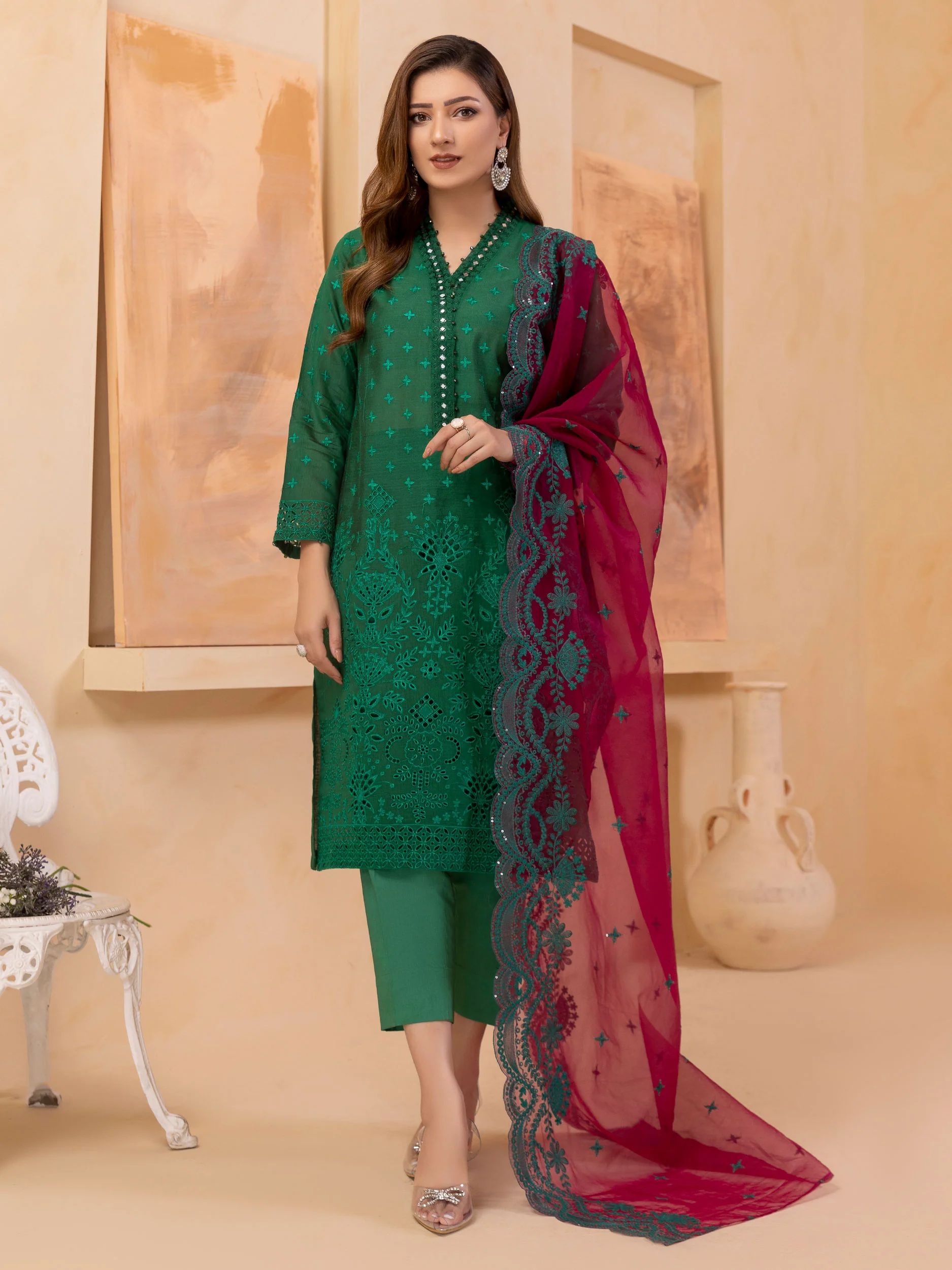 3 Piece Net Suit-Embroidered (Unstitched) - Image 2