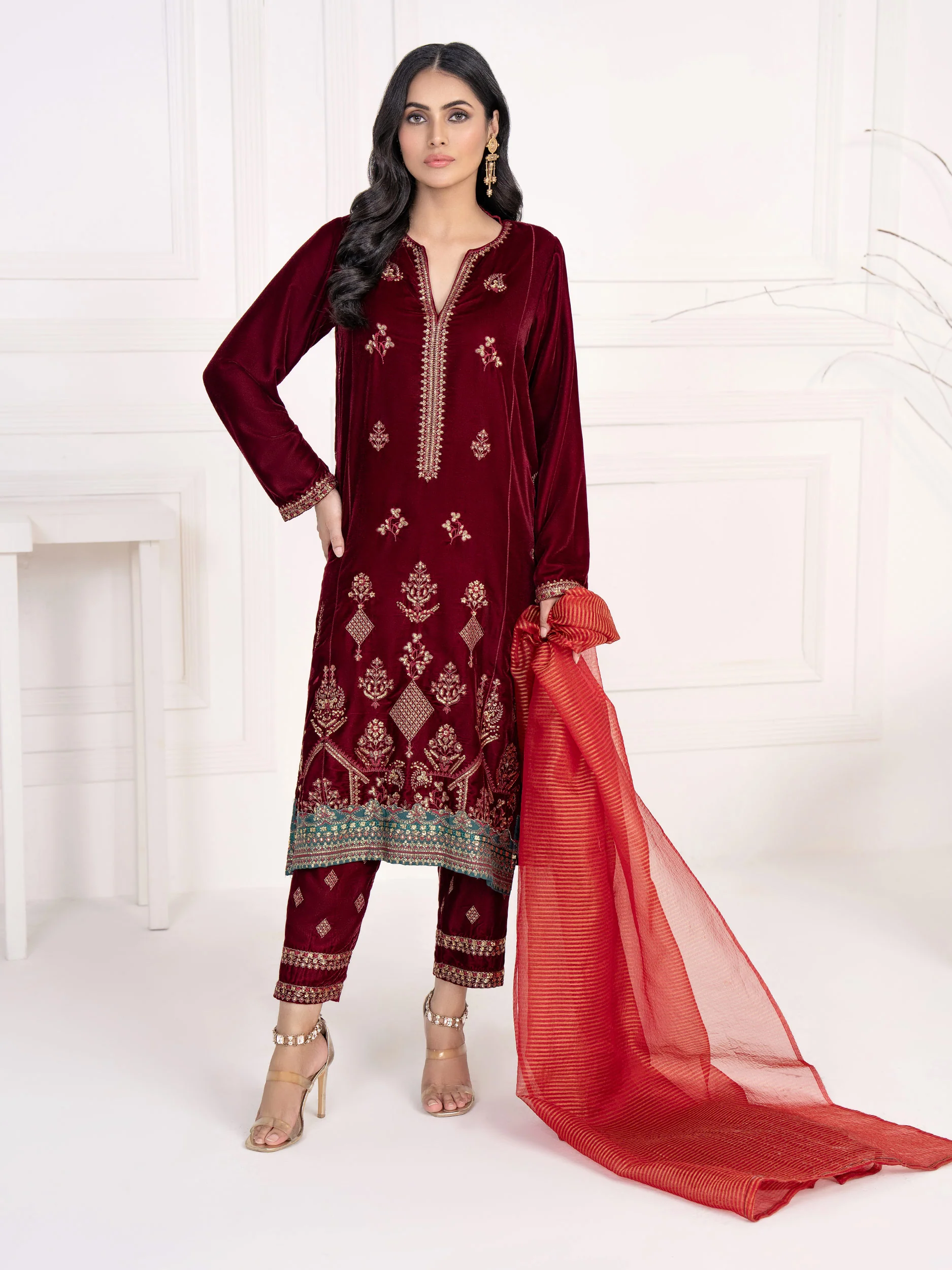 3 Piece Velvet Suit-Embroidered(Unstitched) - Image 3