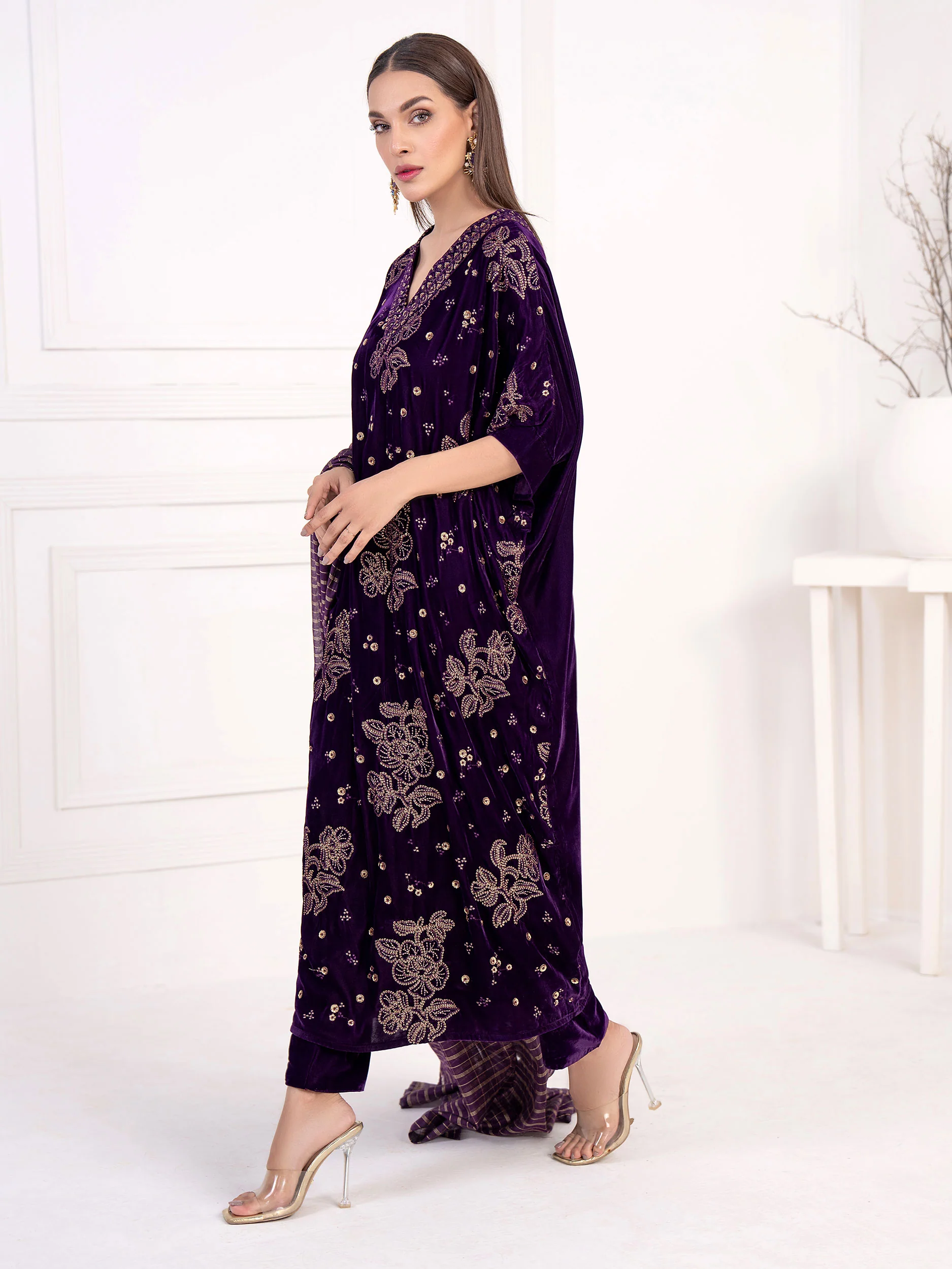 3 Piece Velvet Suit-Embroidered(Unstitched) - Image 3