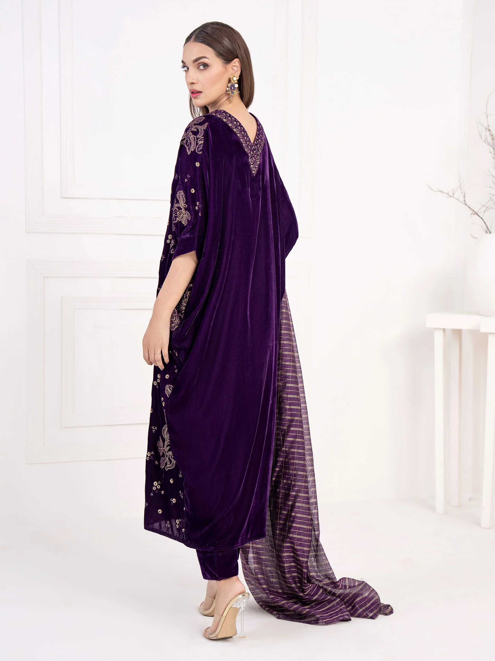 3 Piece Velvet Suit-Embroidered(Unstitched) - Image 4