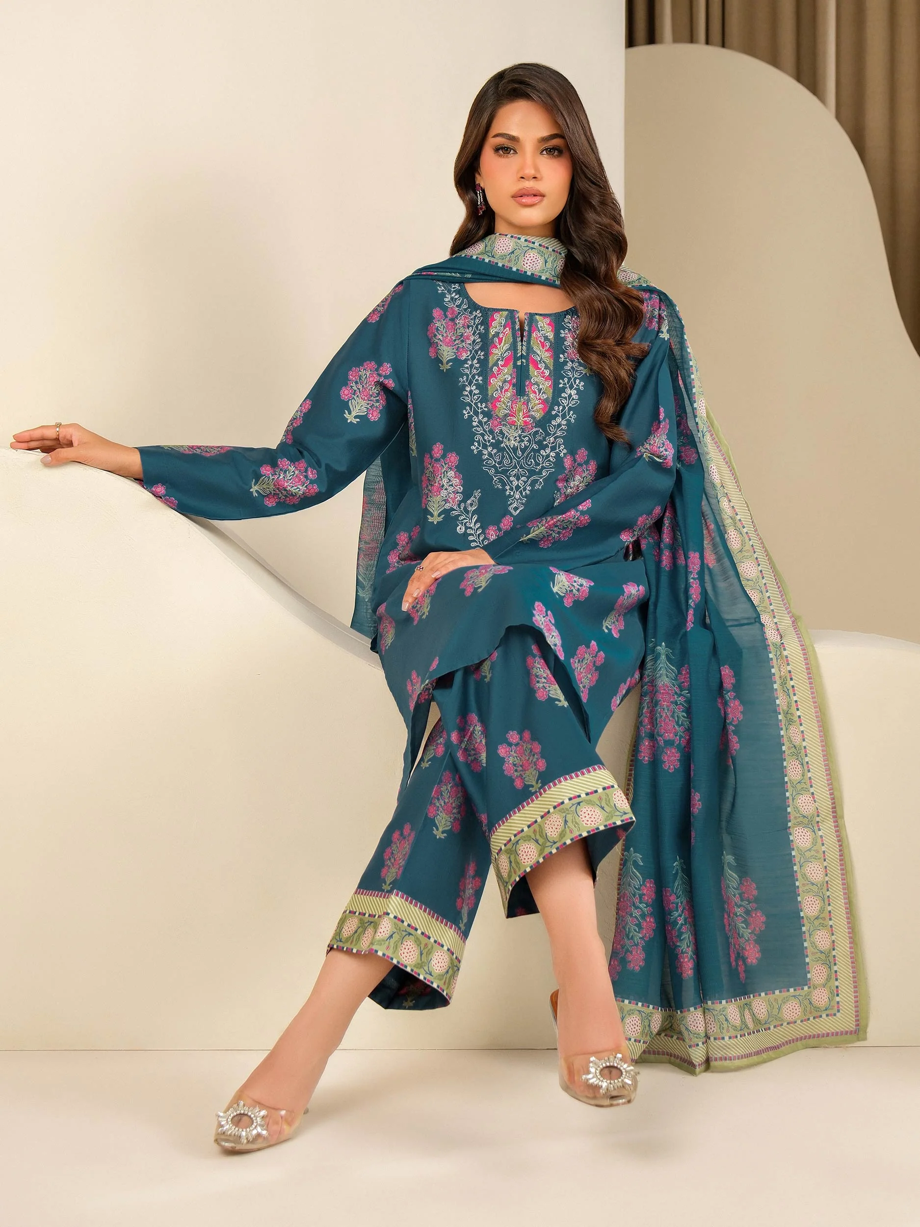3 Piece Satin Suit-Embroidered (Unstitched) - Image 5