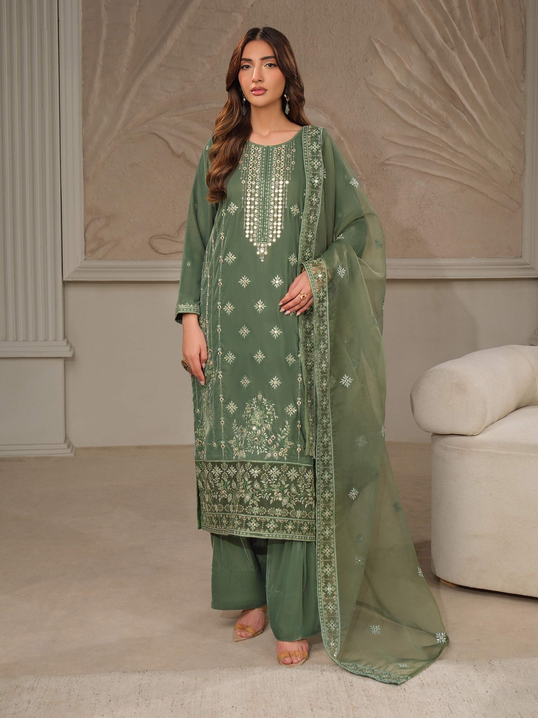 3 Piece Velvet Suit-Embroidered (Unstitched) - Image 2