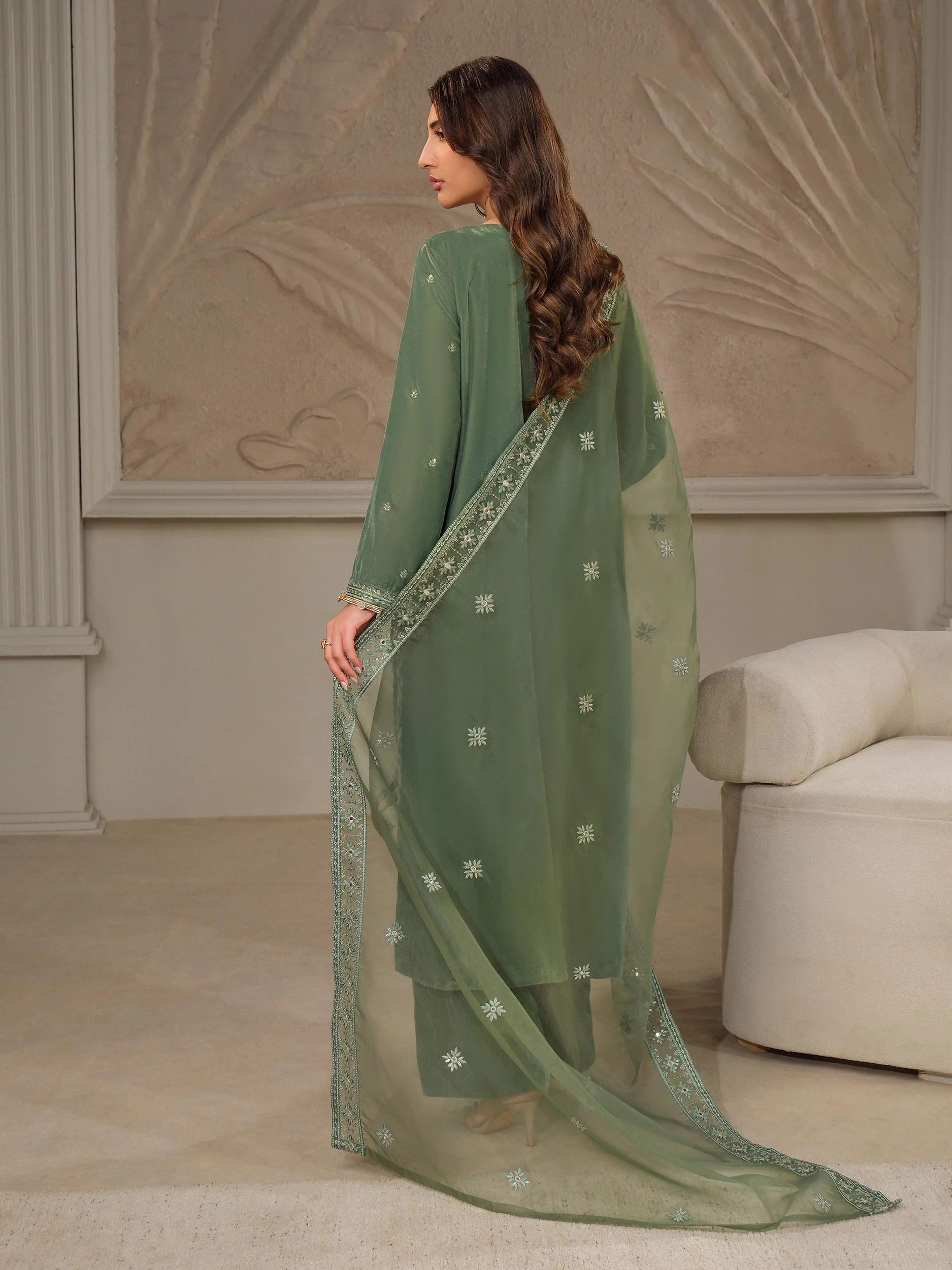 3 Piece Velvet Suit-Embroidered (Unstitched) - Image 8
