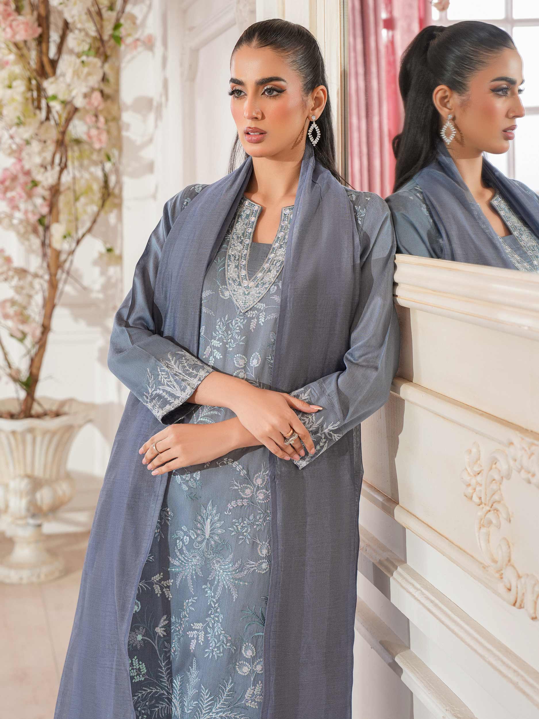 3 Piece Raw Silk Suit-Embroidered (Unstitched) - Image 5