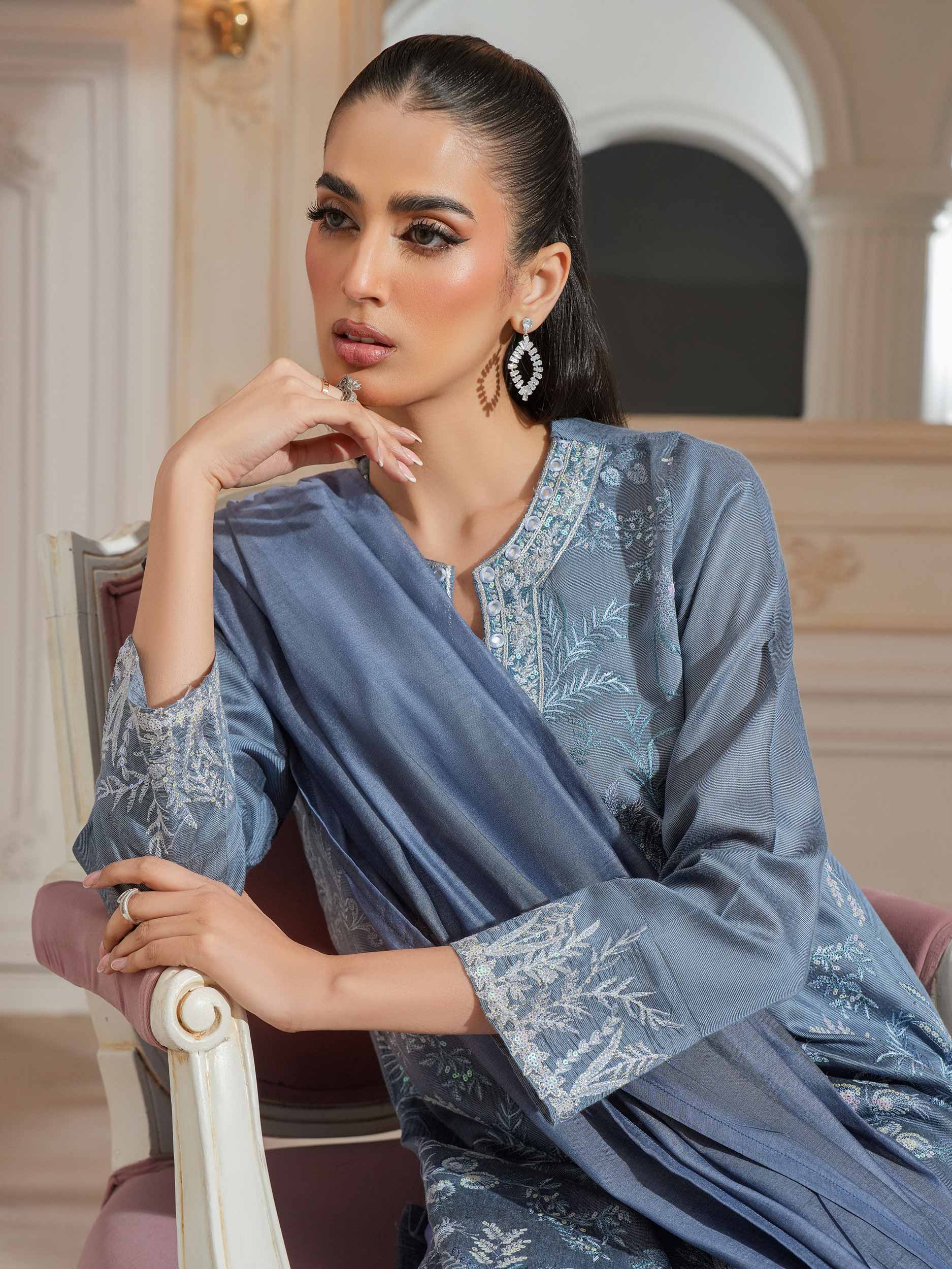 3 Piece Raw Silk Suit-Embroidered (Unstitched) - Image 6