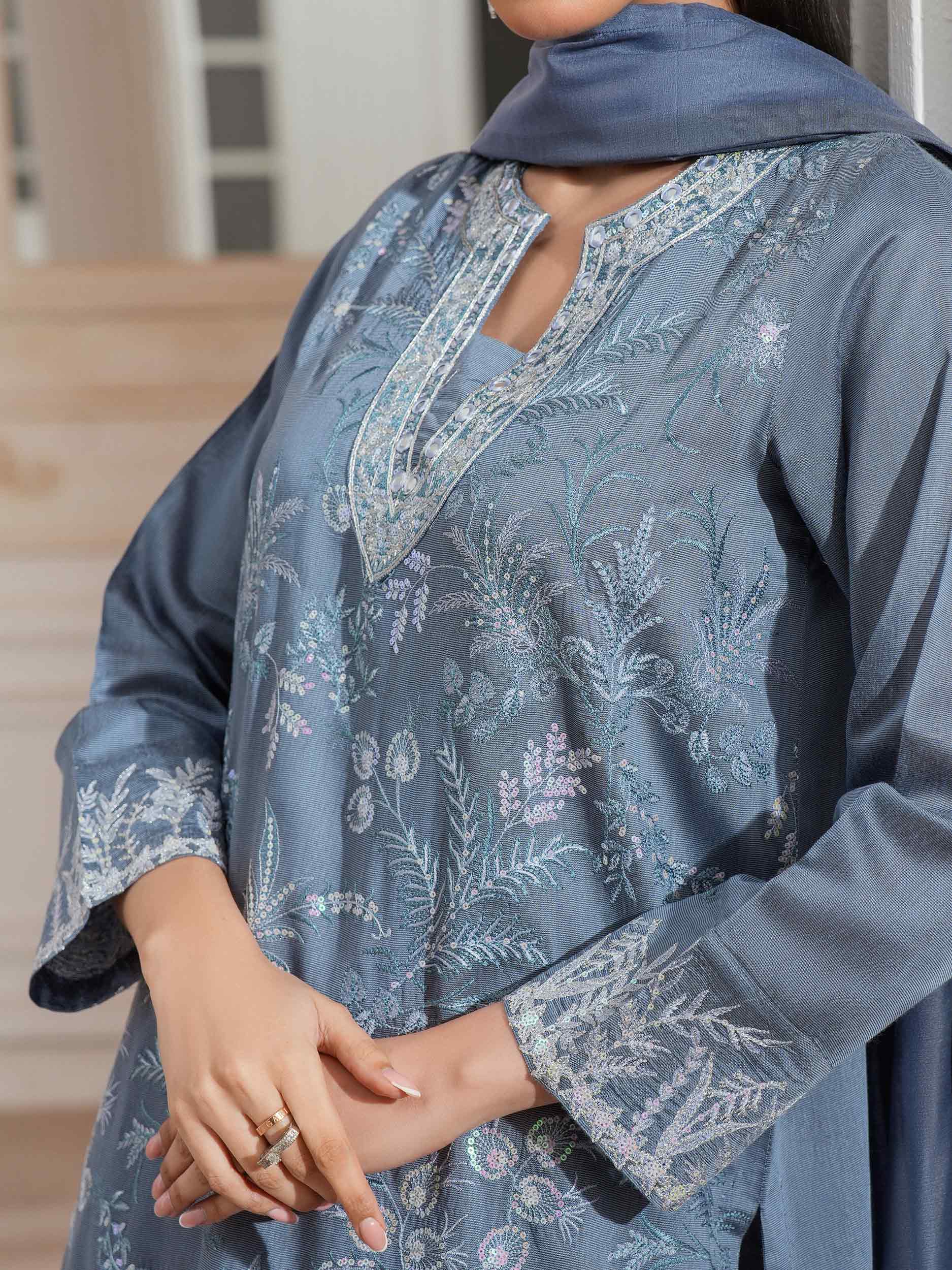 3 Piece Raw Silk Suit-Embroidered (Unstitched) - Image 9