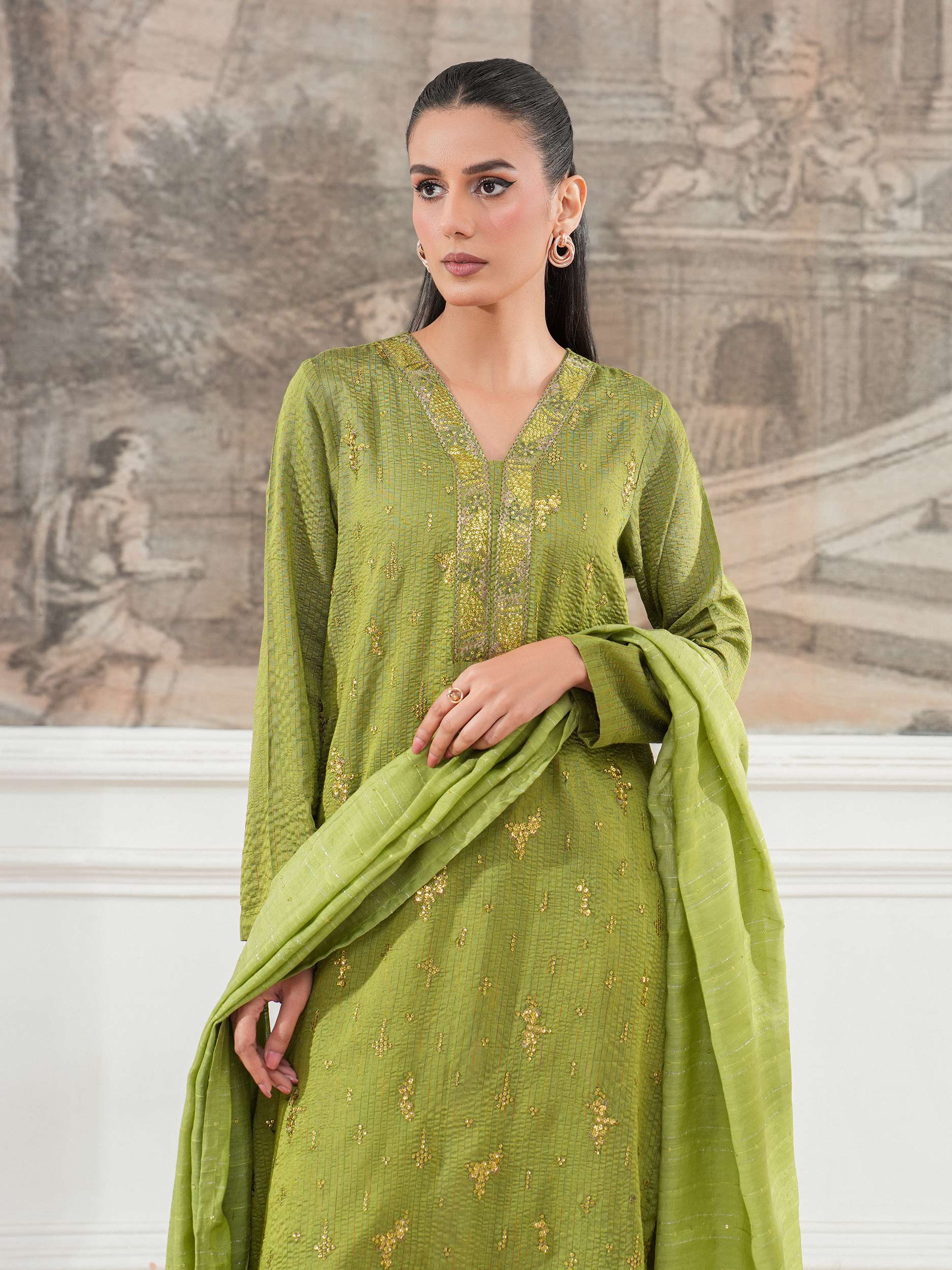 3 Piece Raw Silk Suit-Embroidered (Unstitched) - Image 3