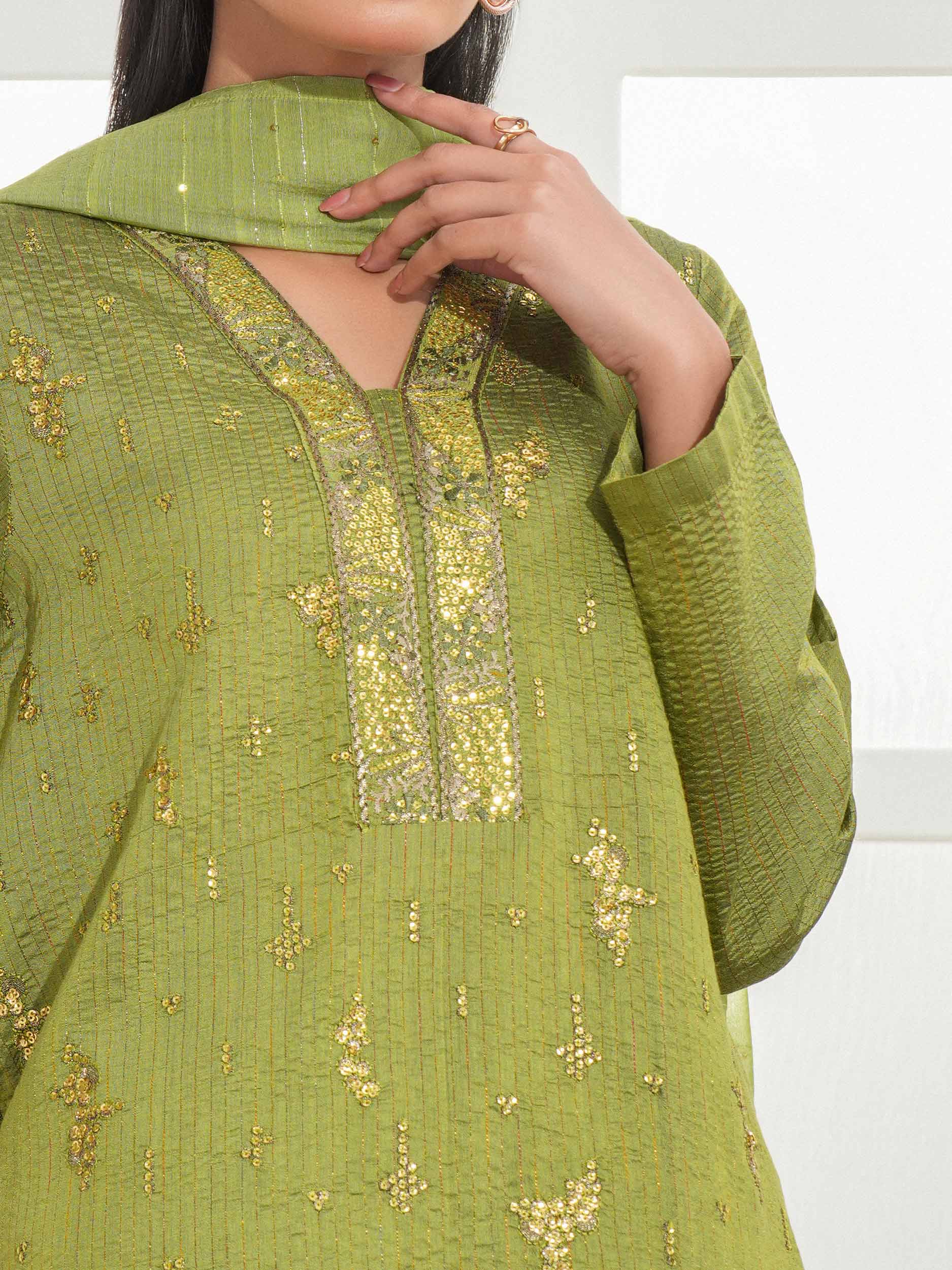 3 Piece Raw Silk Suit-Embroidered (Unstitched) - Image 4
