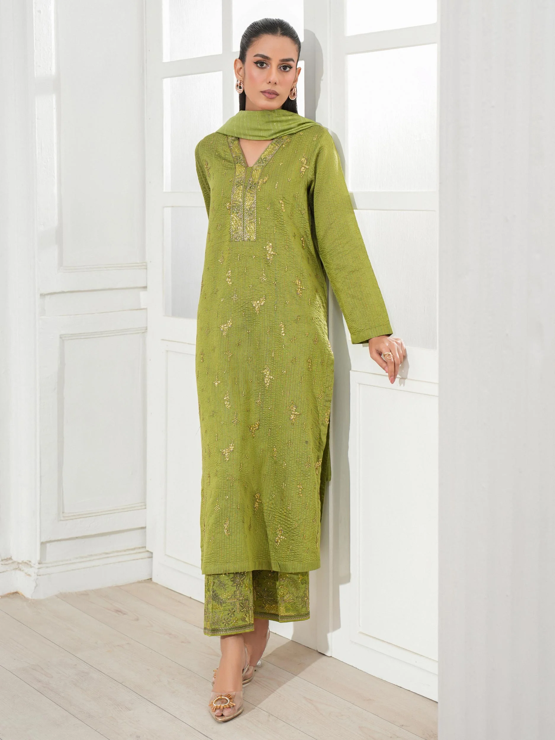 3 Piece Raw Silk Suit-Embroidered (Unstitched) - Image 5
