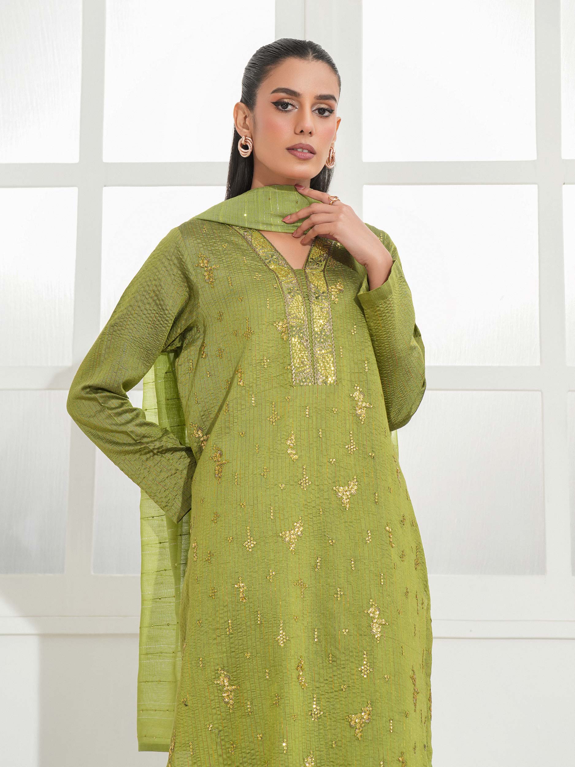3 Piece Raw Silk Suit-Embroidered (Unstitched) - Image 6