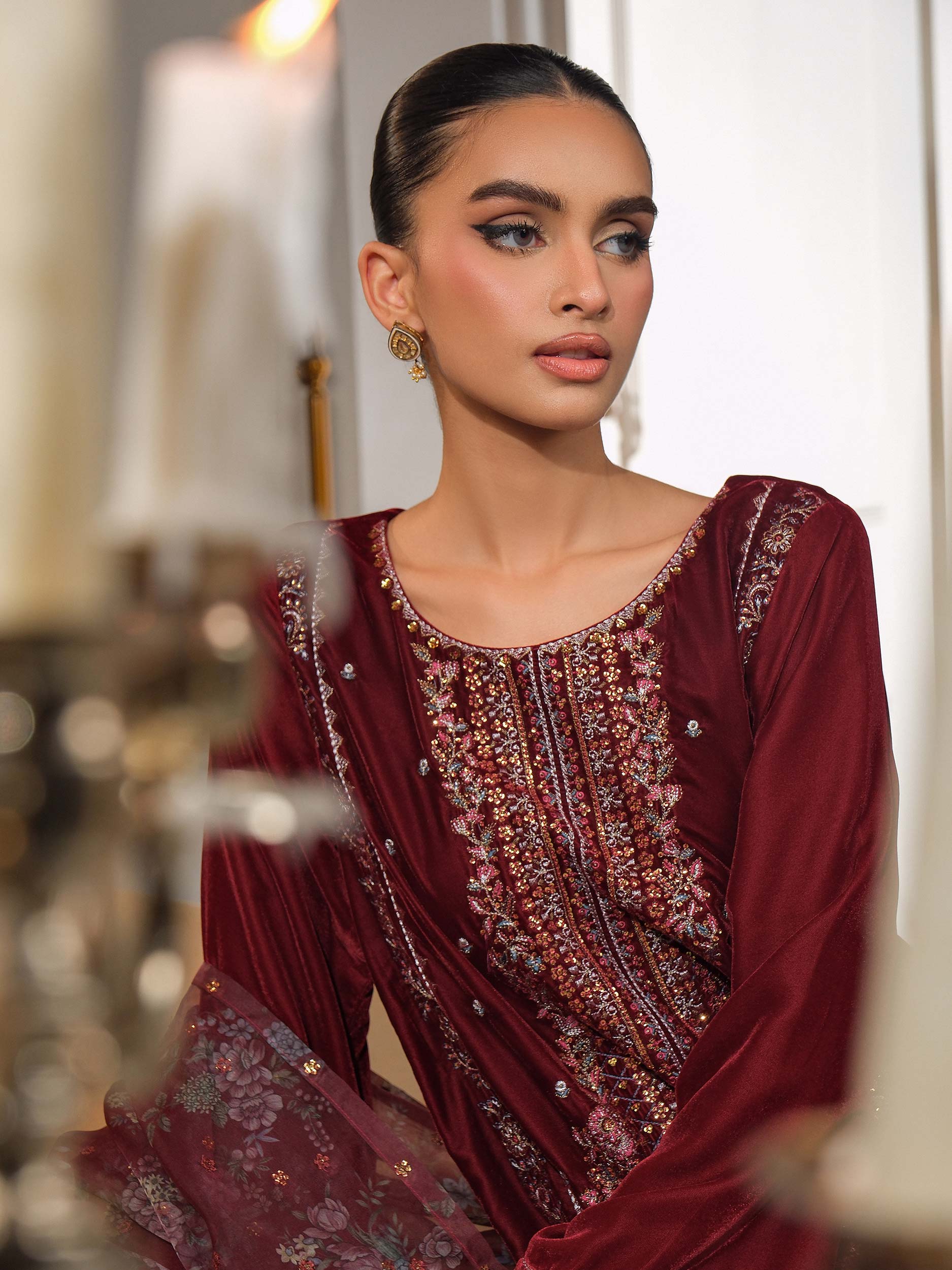 3 Piece Velvet Suit-Embroidered (Unstitched) - Image 6