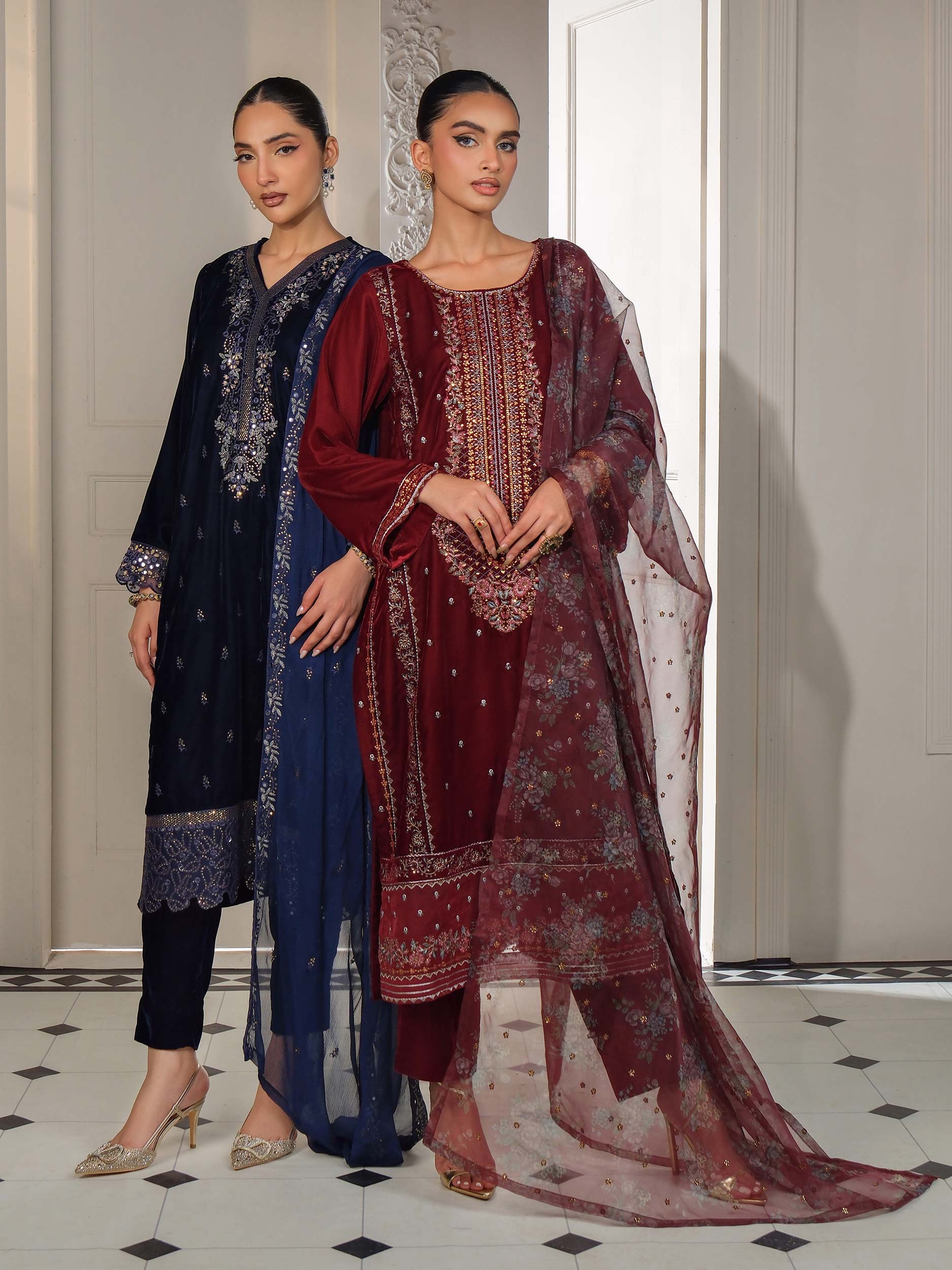 3 Piece Velvet Suit-Embroidered (Unstitched) - Image 8