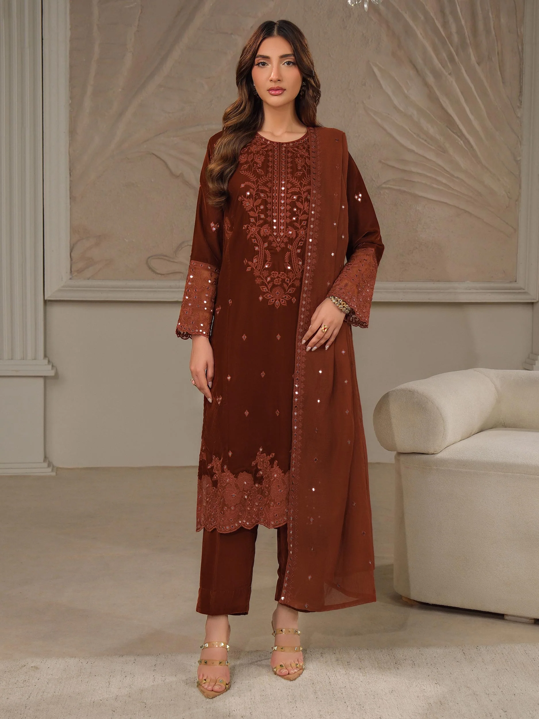 3 Piece Velvet Suit-Embroidered (Unstitched) - Image 2