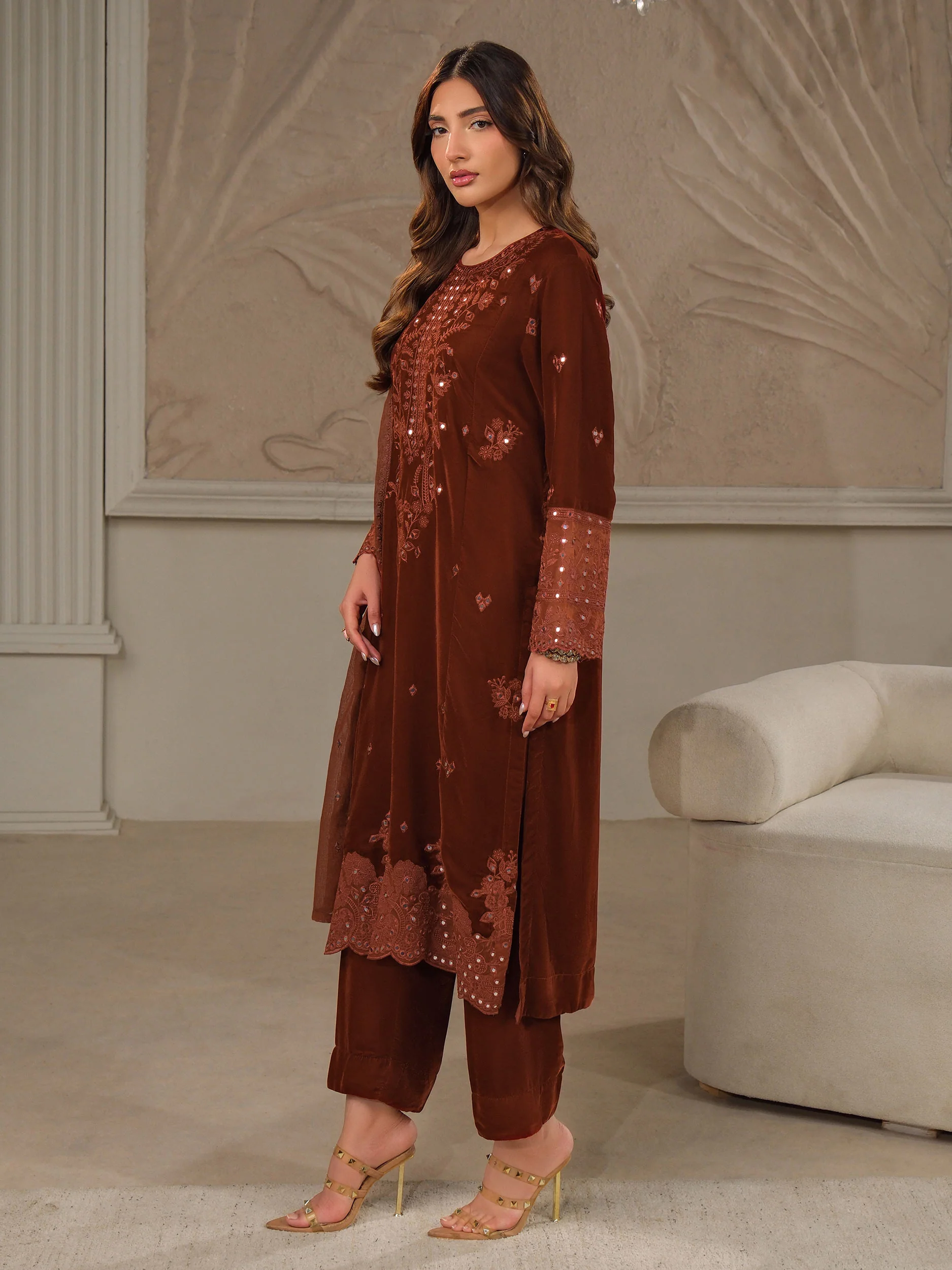 3 Piece Velvet Suit-Embroidered (Unstitched) - Image 3