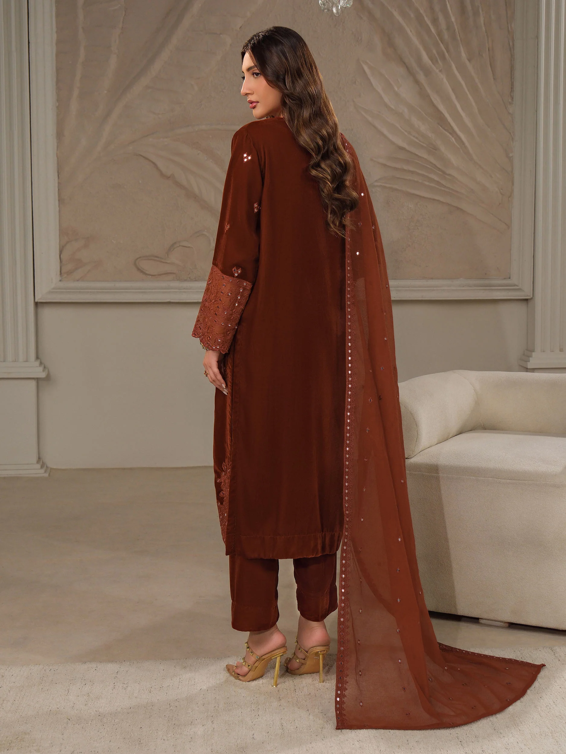3 Piece Velvet Suit-Embroidered (Unstitched) - Image 4