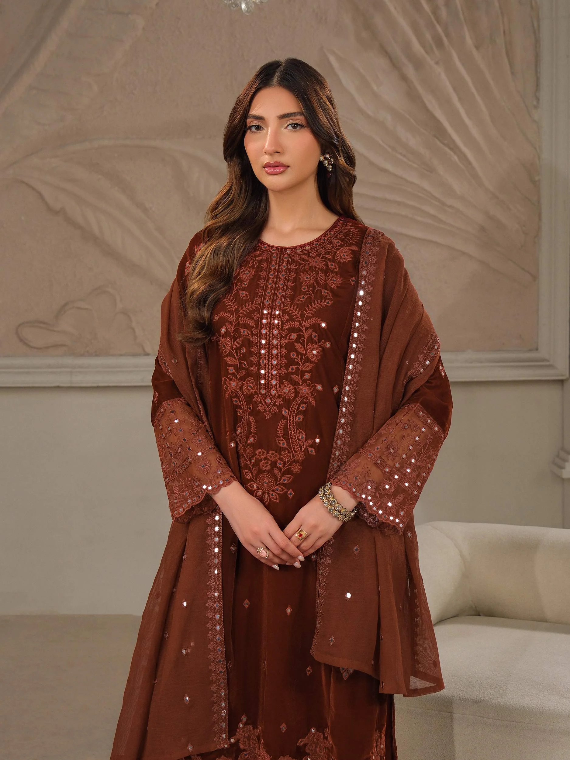 3 Piece Velvet Suit-Embroidered (Unstitched) - Image 5