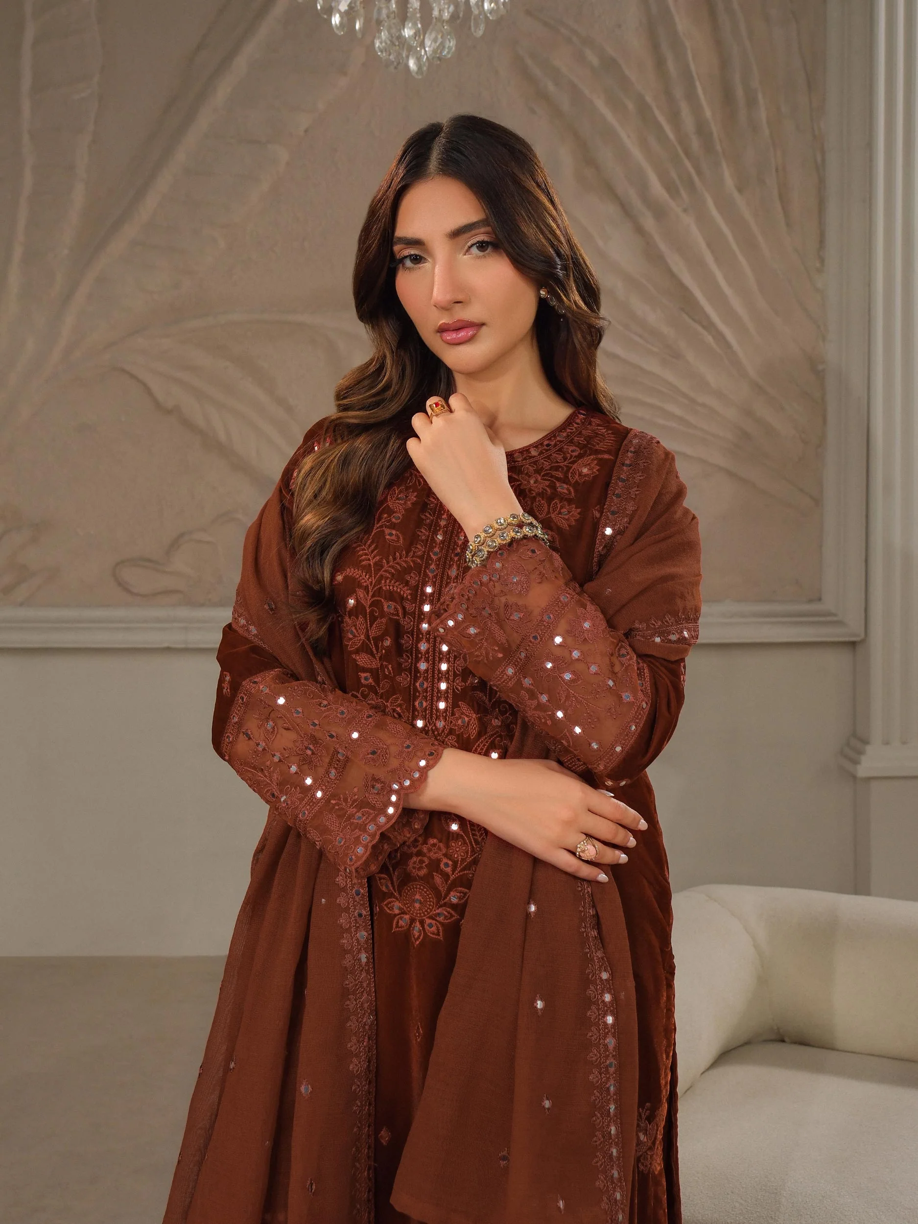 3 Piece Velvet Suit-Embroidered (Unstitched) - Image 6