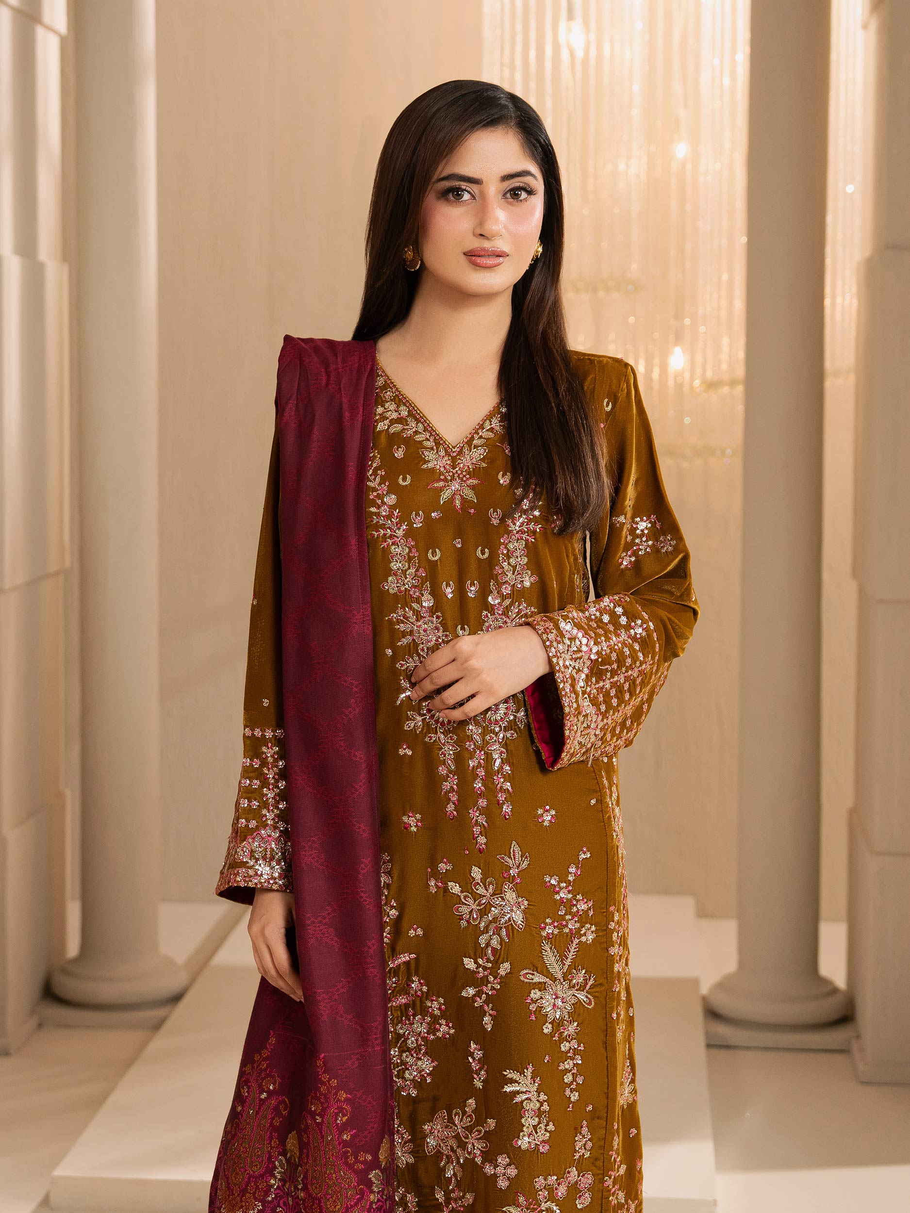3 Piece Velvet Suit-Embroidered (Unstitched) - Image 2