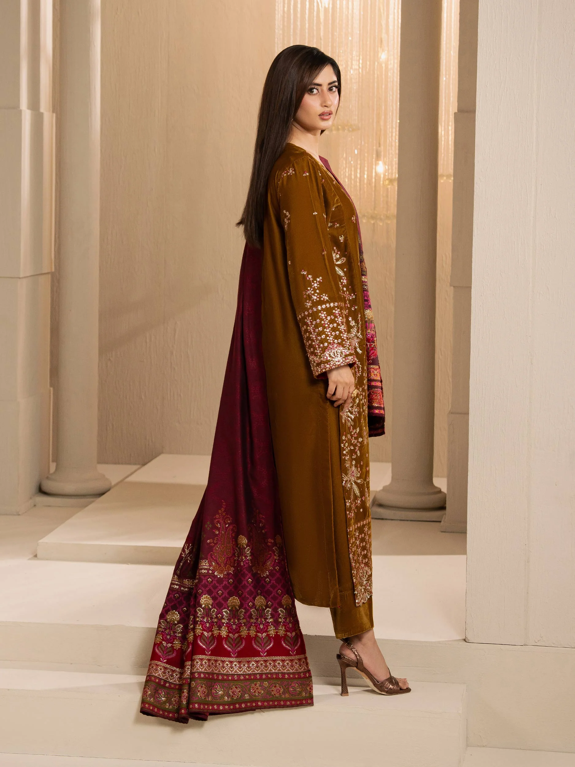3 Piece Velvet Suit-Embroidered (Unstitched) - Image 3