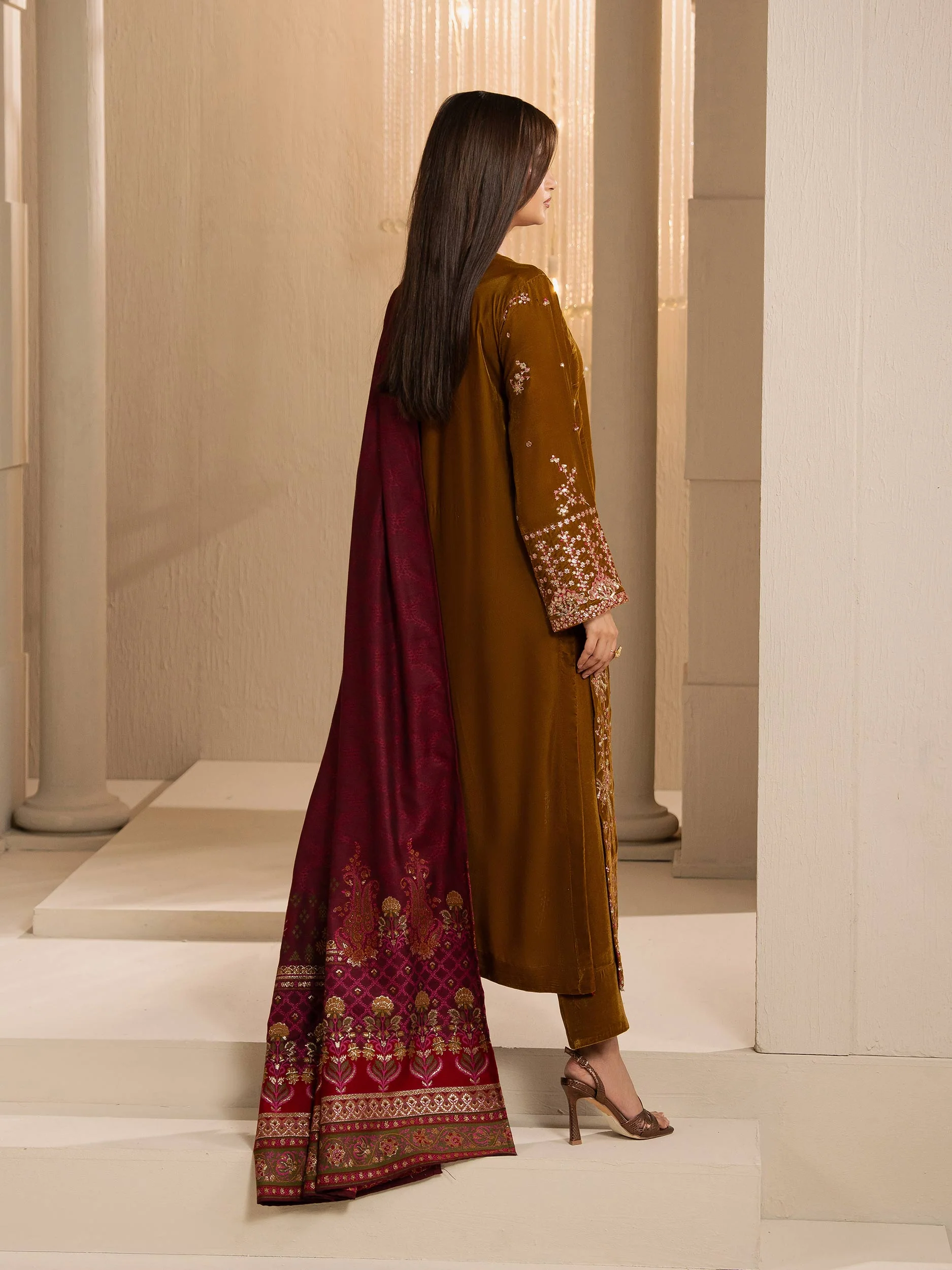 3 Piece Velvet Suit-Embroidered (Unstitched) - Image 5