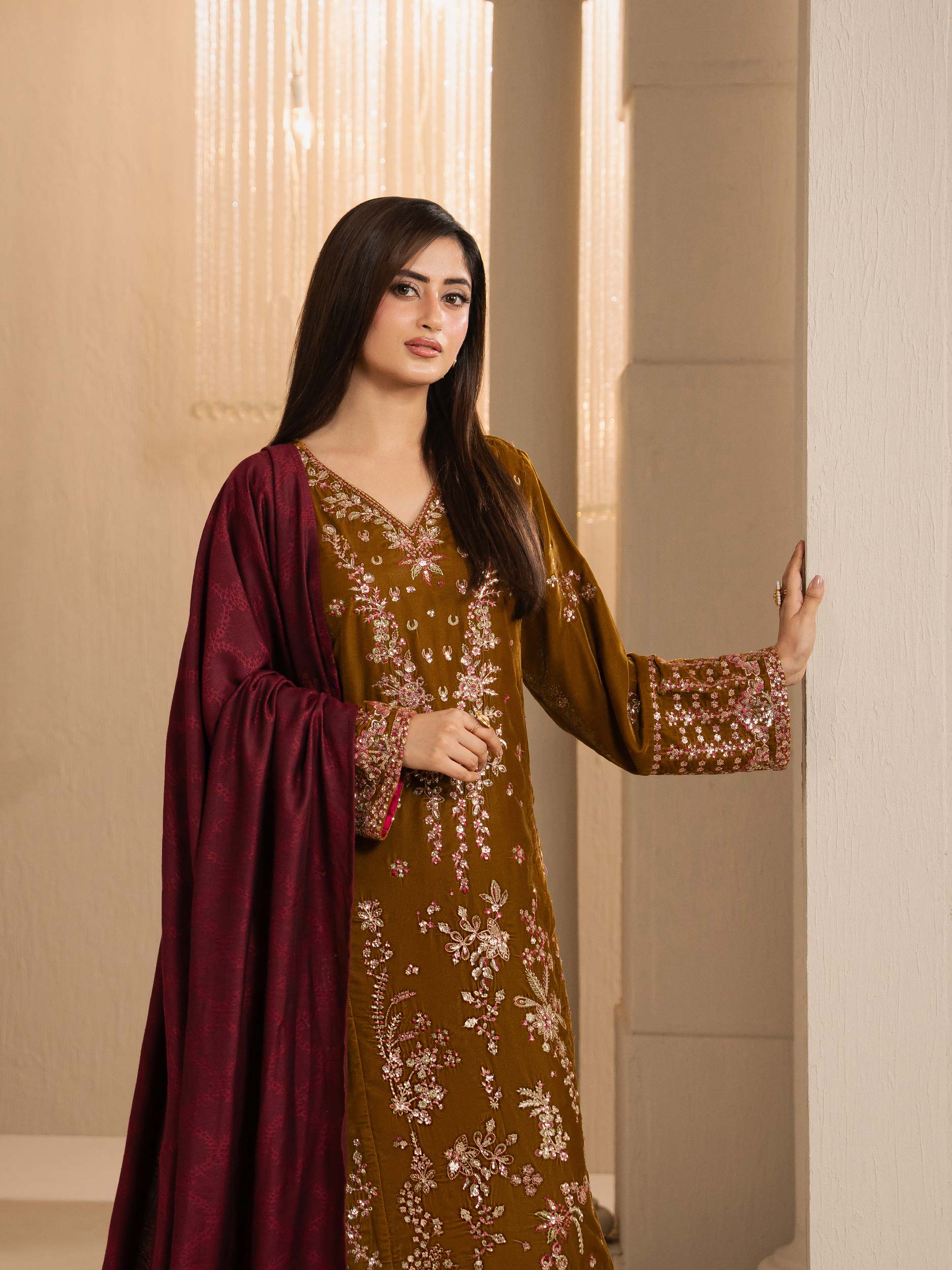 3 Piece Velvet Suit-Embroidered (Unstitched) - Image 6