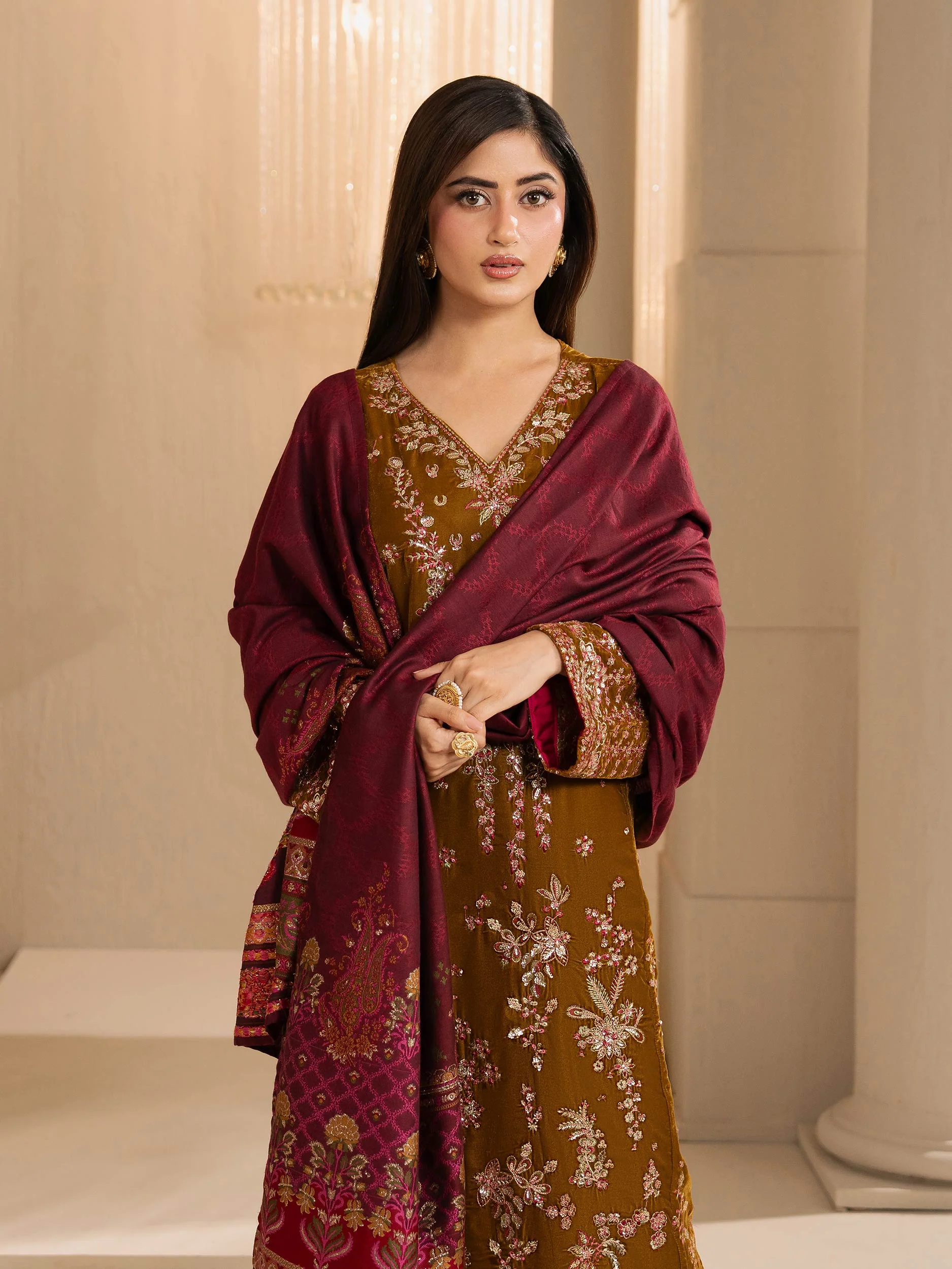3 Piece Velvet Suit-Embroidered (Unstitched) - Image 7