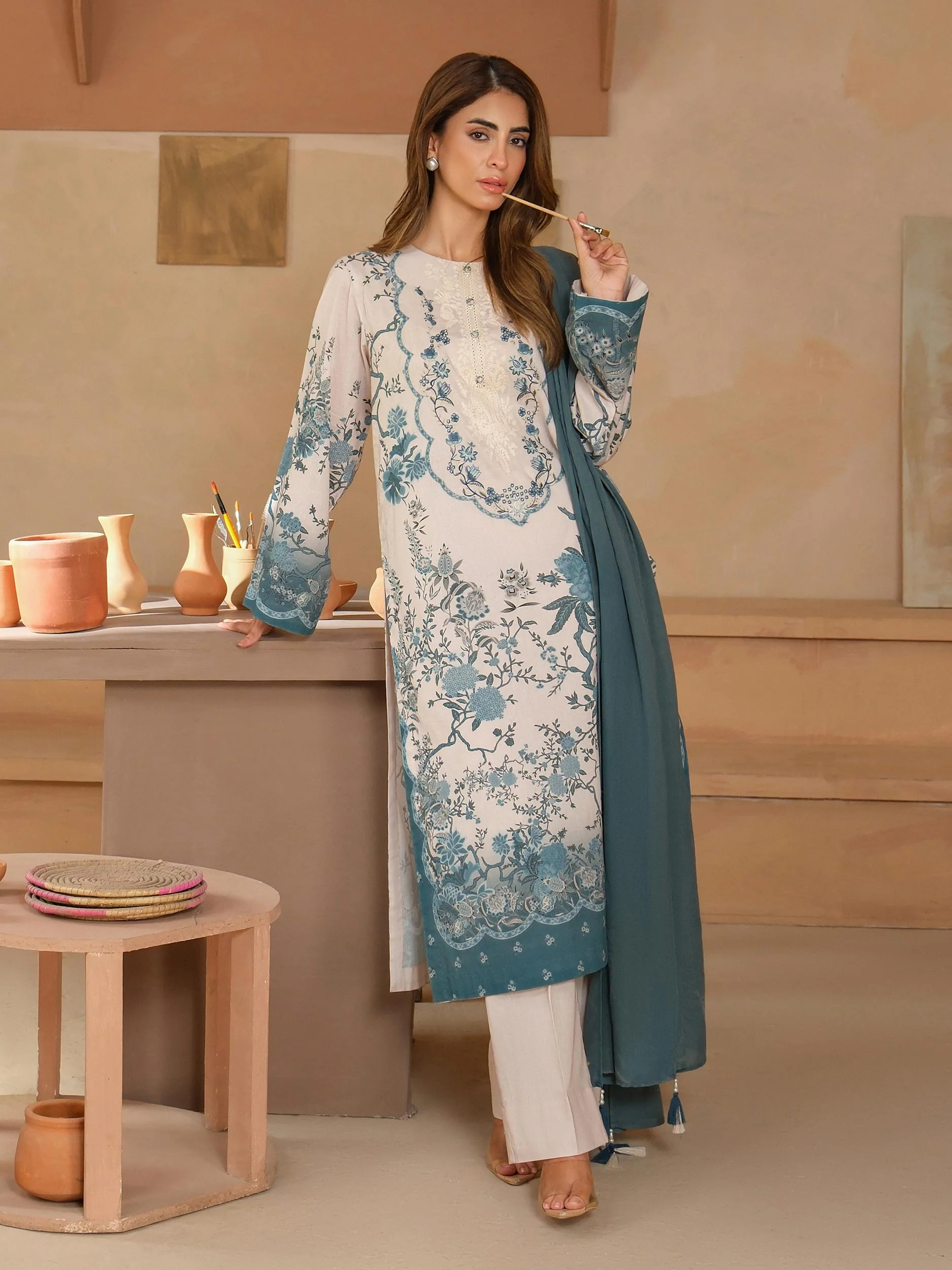 3 Piece Satin Suit-Embroidered (Unstitched) - Image 2