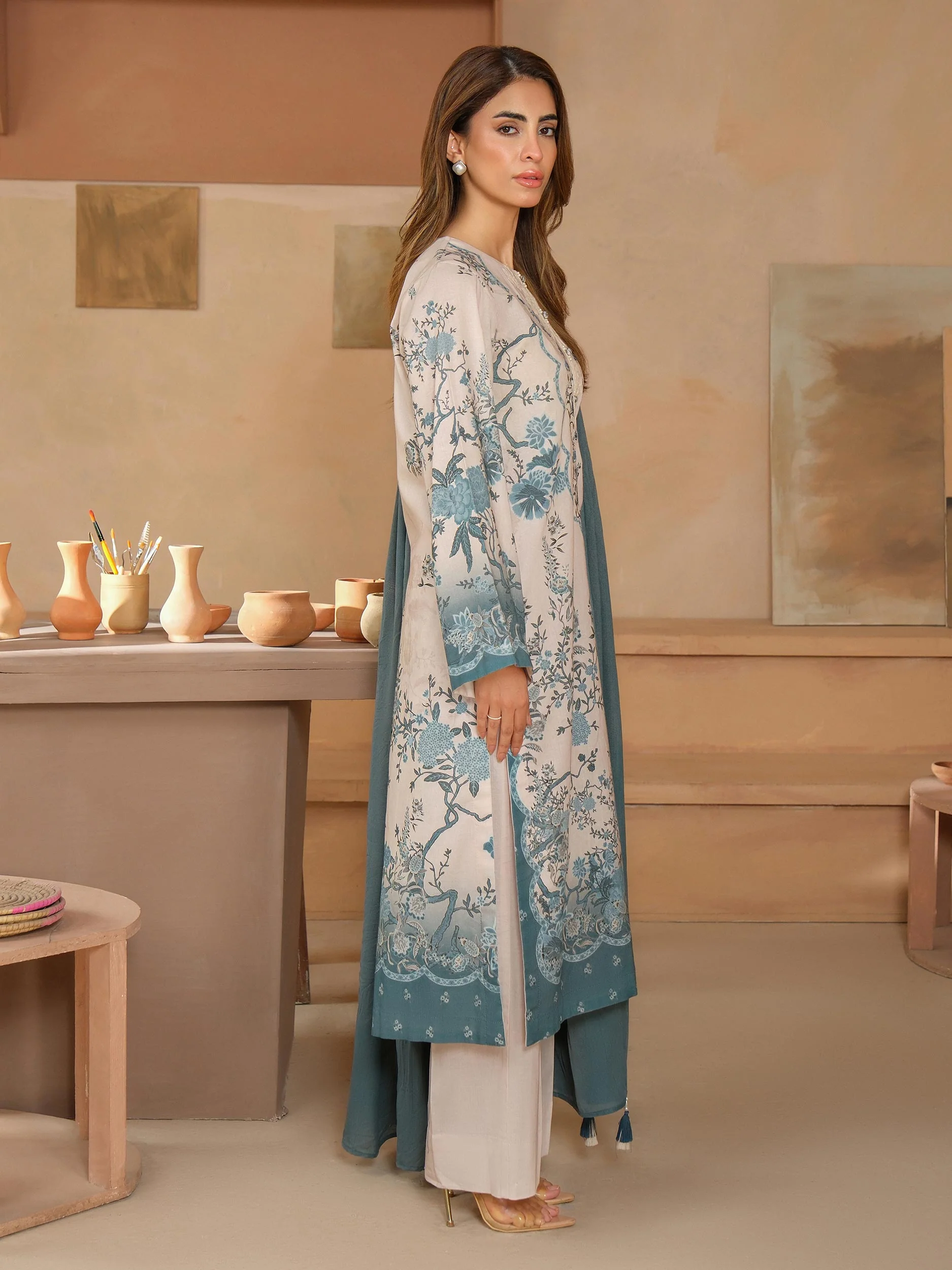 3 Piece Satin Suit-Embroidered (Unstitched) - Image 3
