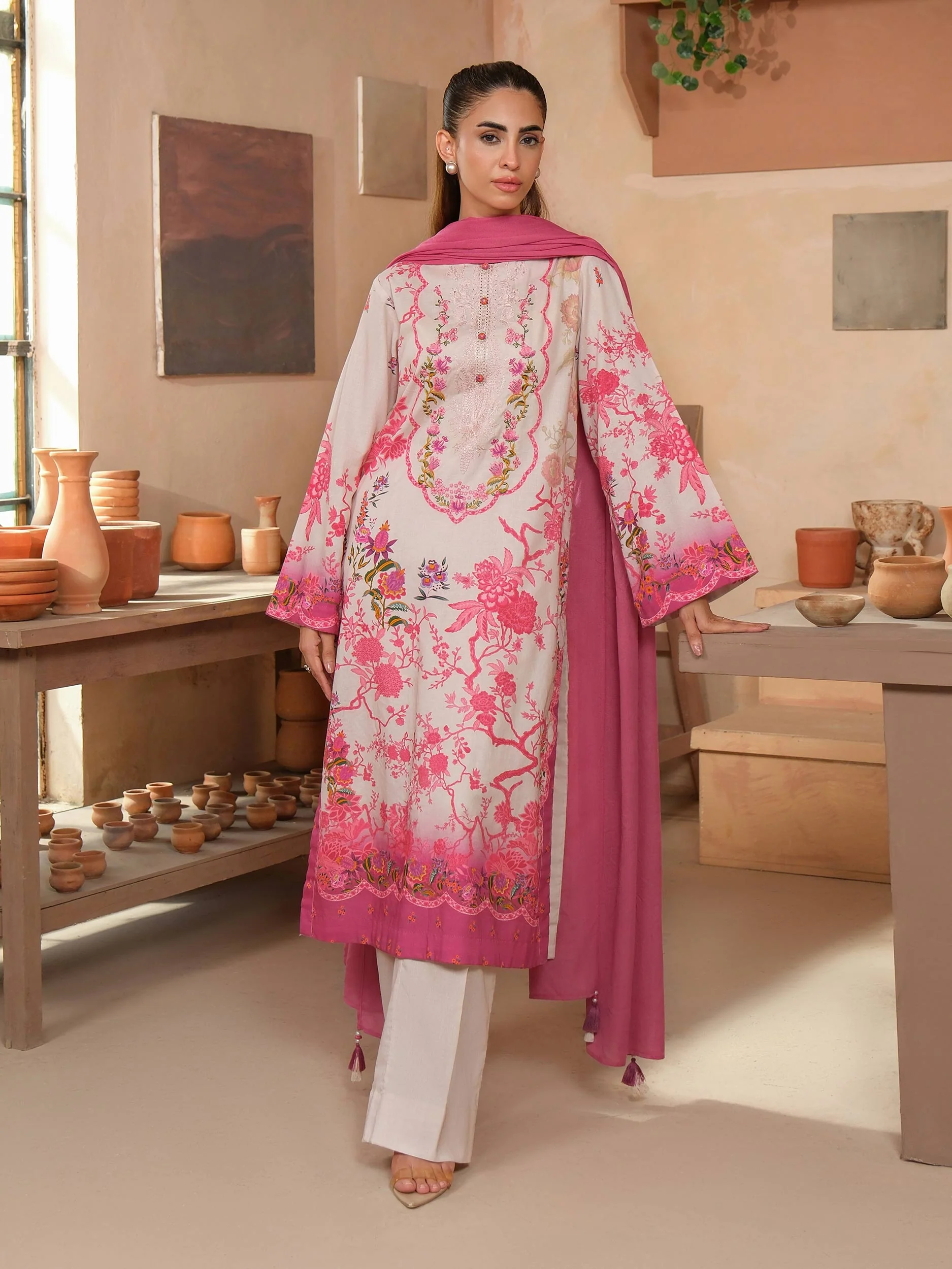 3 Piece Satin Suit-Embroidered (Unstitched) - Image 2