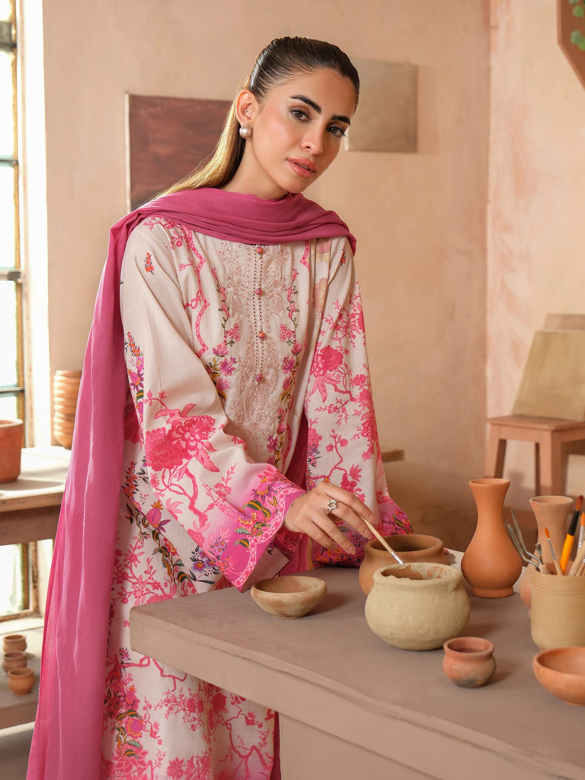 3 Piece Satin Suit-Embroidered (Unstitched) - Image 3