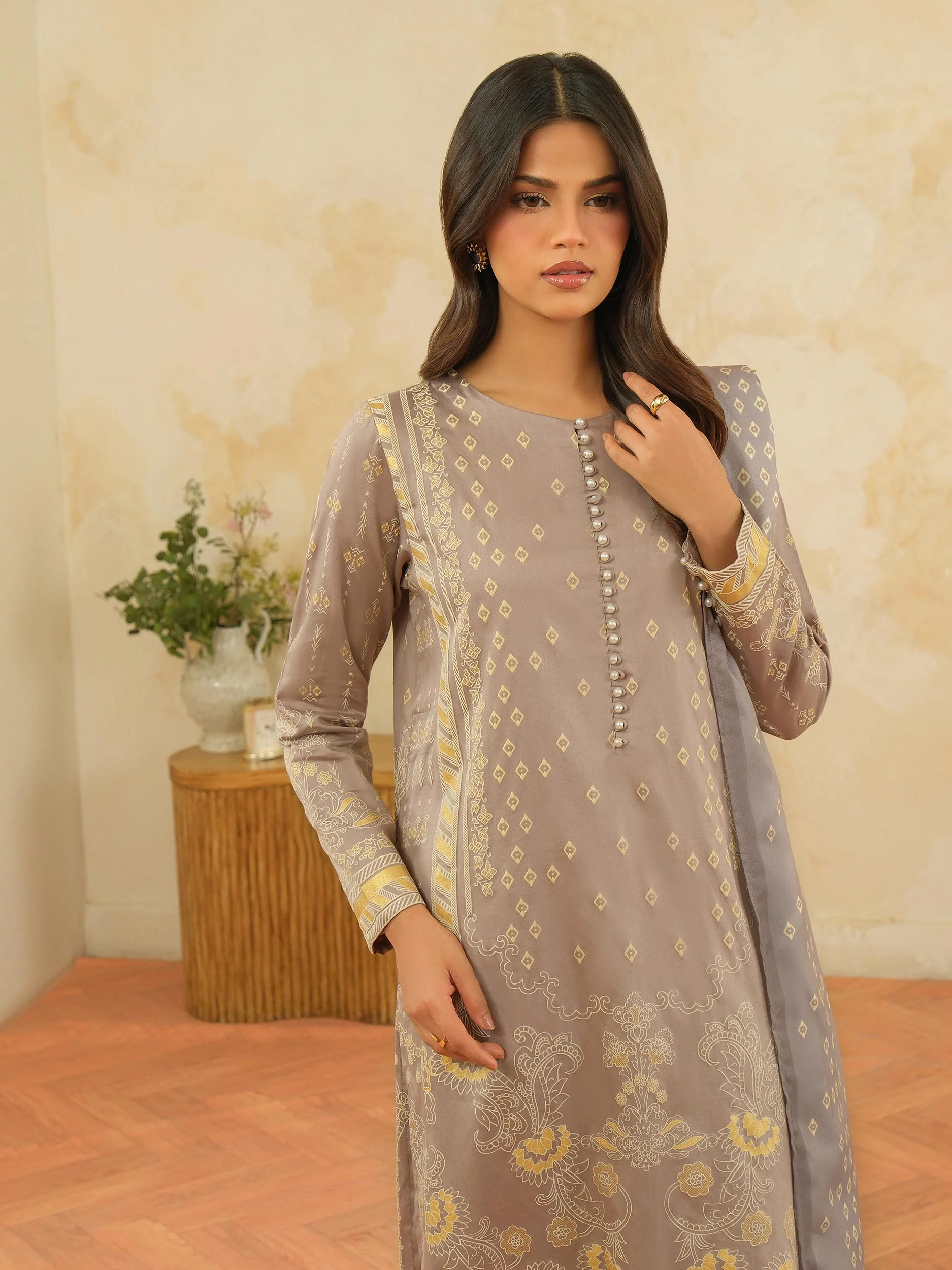 3 Piece Satin Suit-Paste Print (Unstitched) - Image 2