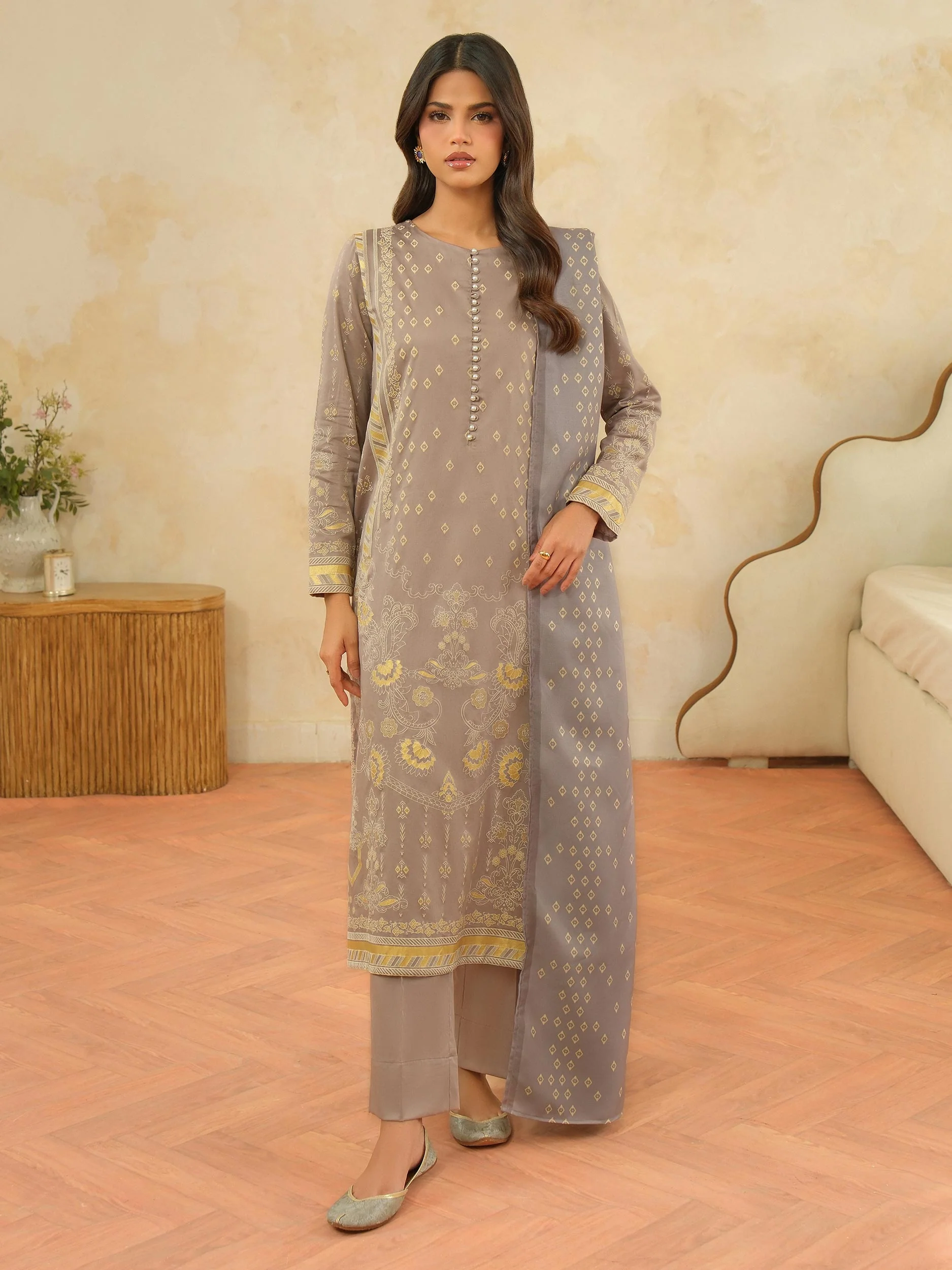 3 Piece Satin Suit-Paste Print (Unstitched) - Image 3