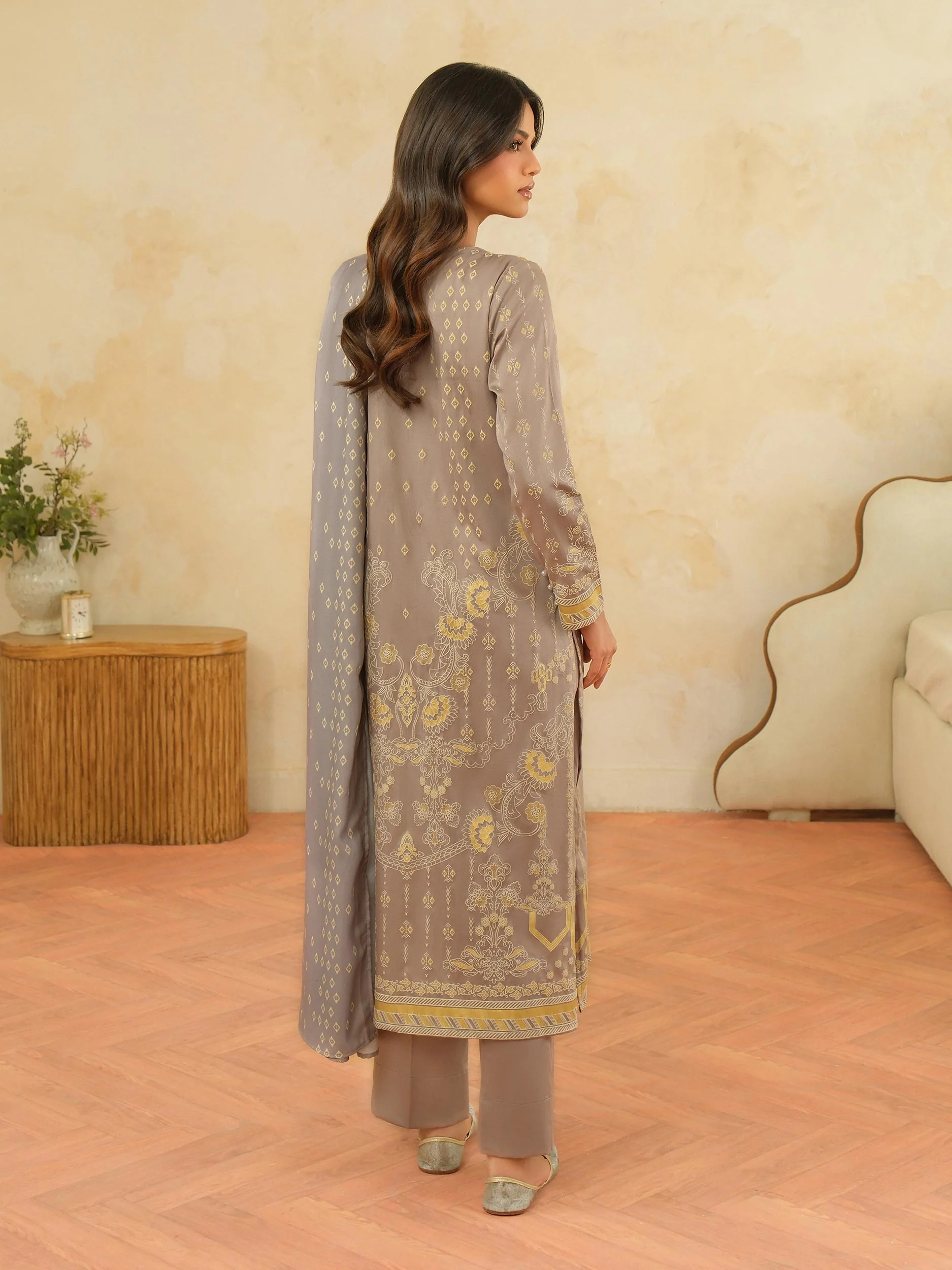 3 Piece Satin Suit-Paste Print (Unstitched) - Image 5