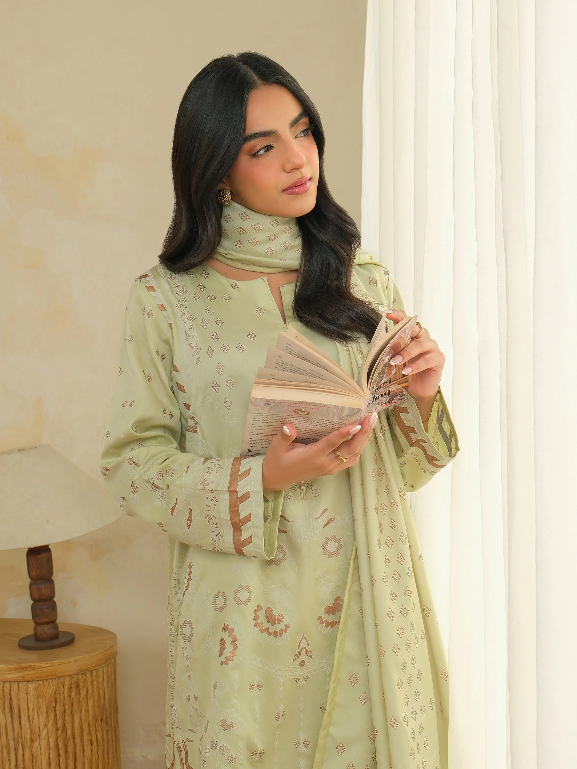 3 Piece Satin Suit-Paste Print (Unstitched) - Image 2