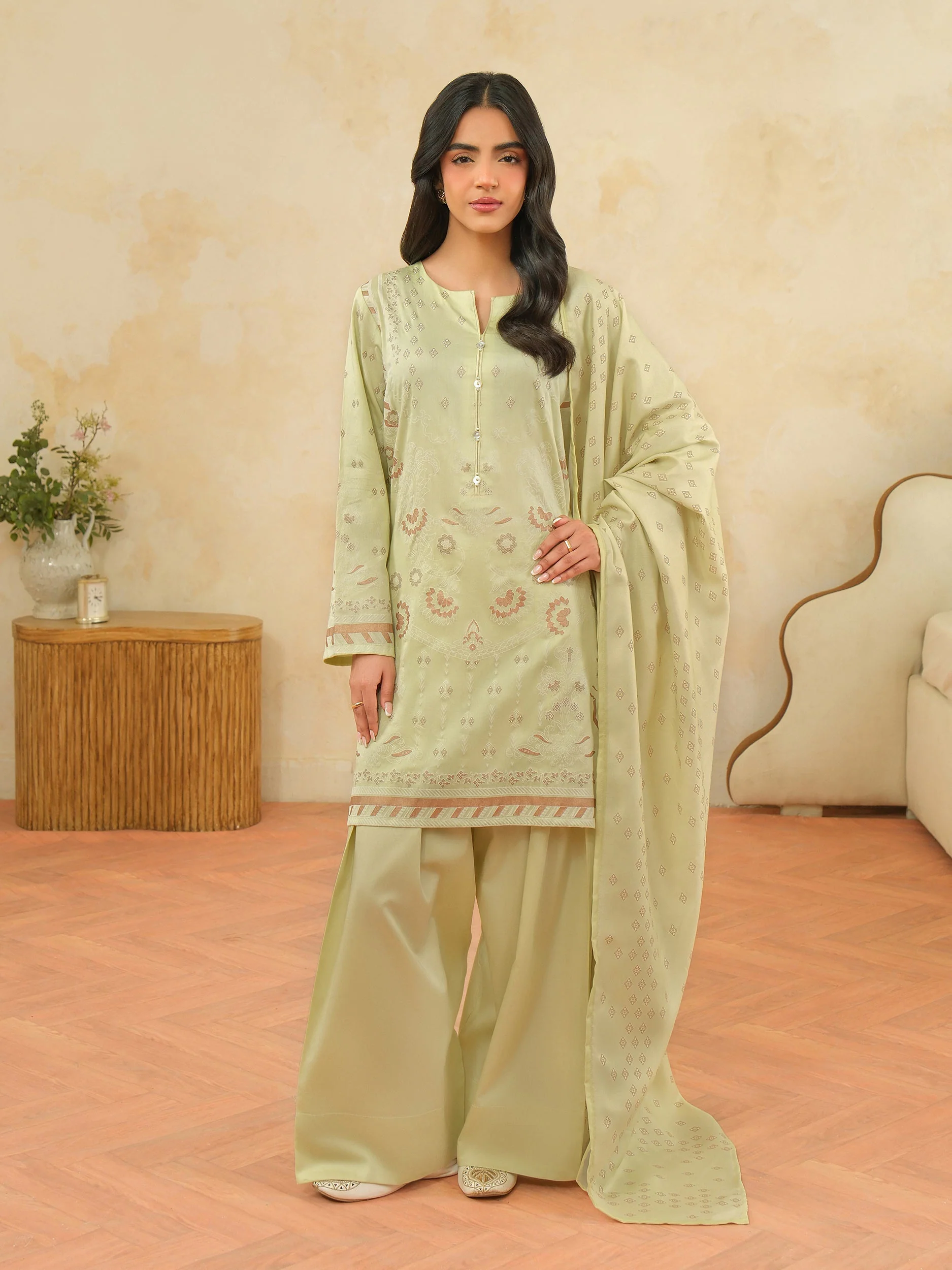 3 Piece Satin Suit-Paste Print (Unstitched) - Image 3