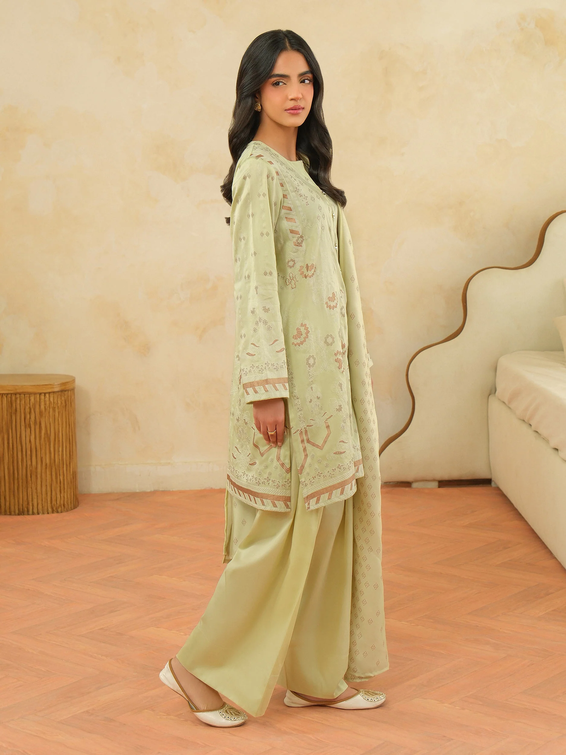 3 Piece Satin Suit-Paste Print (Unstitched) - Image 4