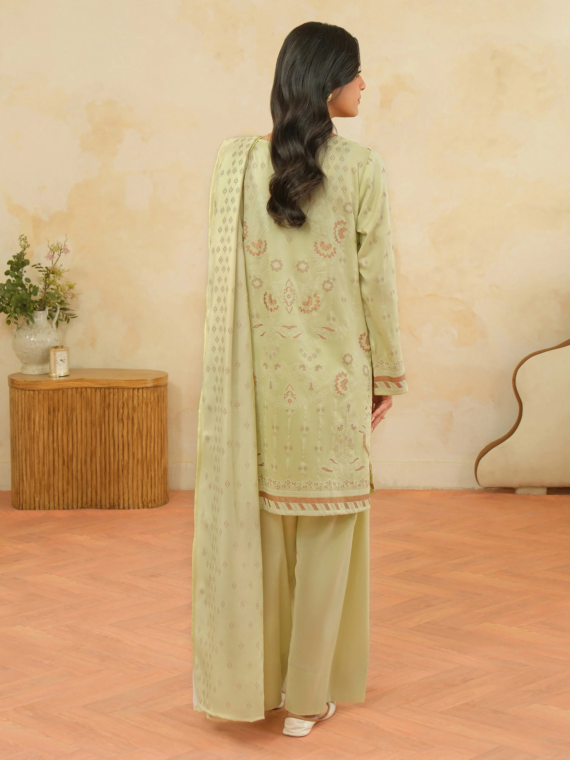 3 Piece Satin Suit-Paste Print (Unstitched) - Image 5
