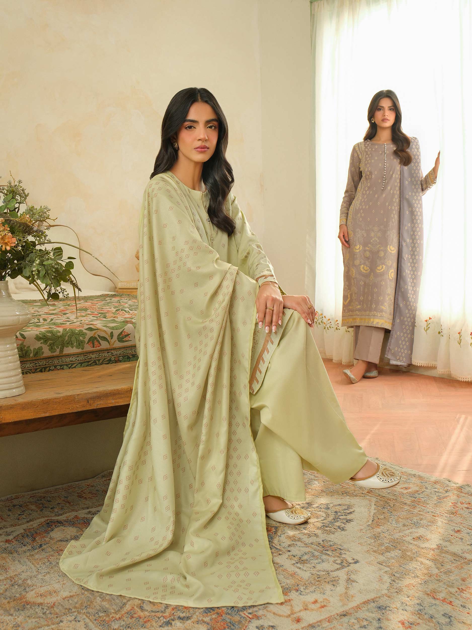 3 Piece Satin Suit-Paste Print (Unstitched) - Image 6