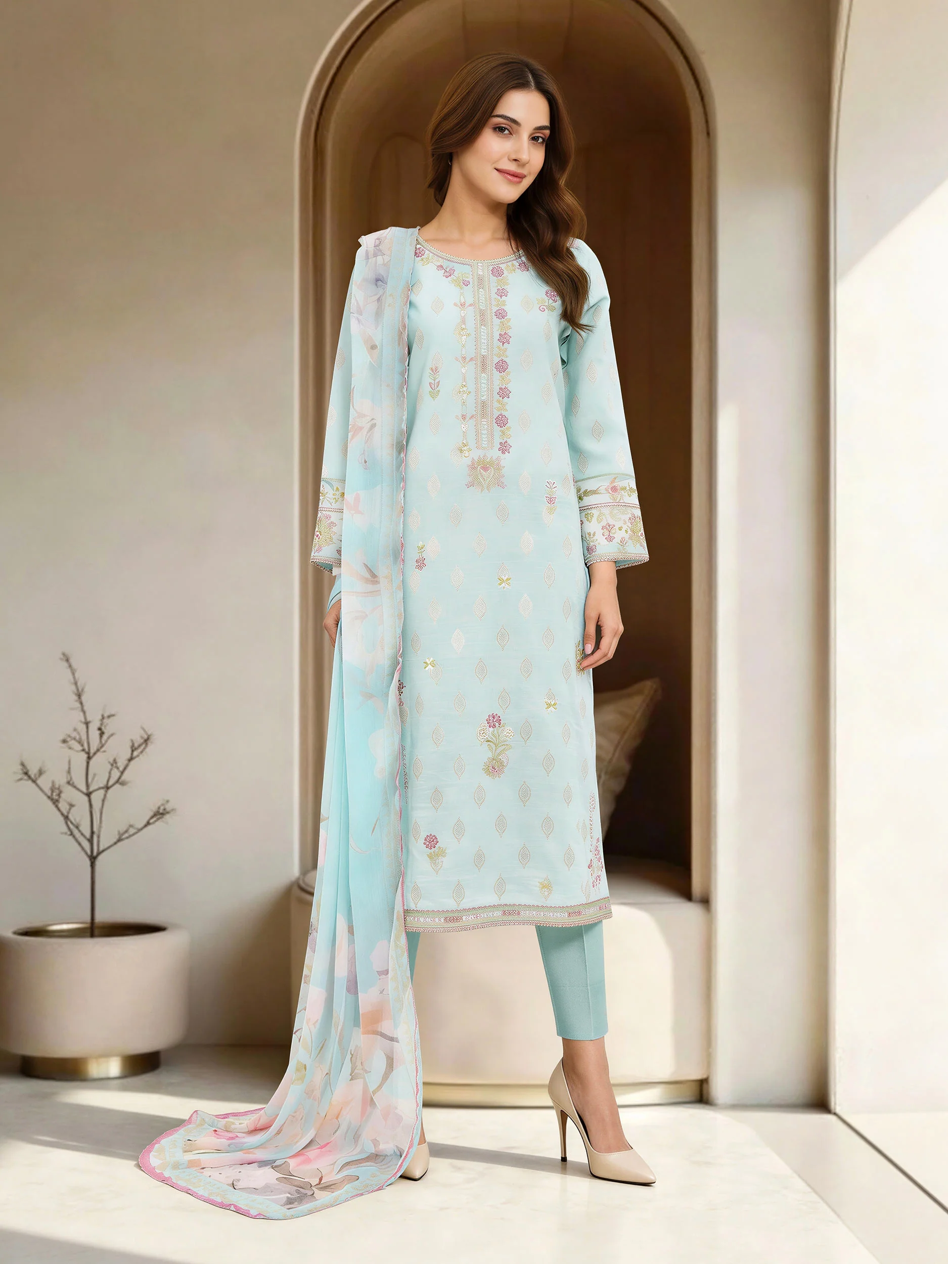 3 Piece Jacquard Suit-Embroidered (Unstitched) - Image 2
