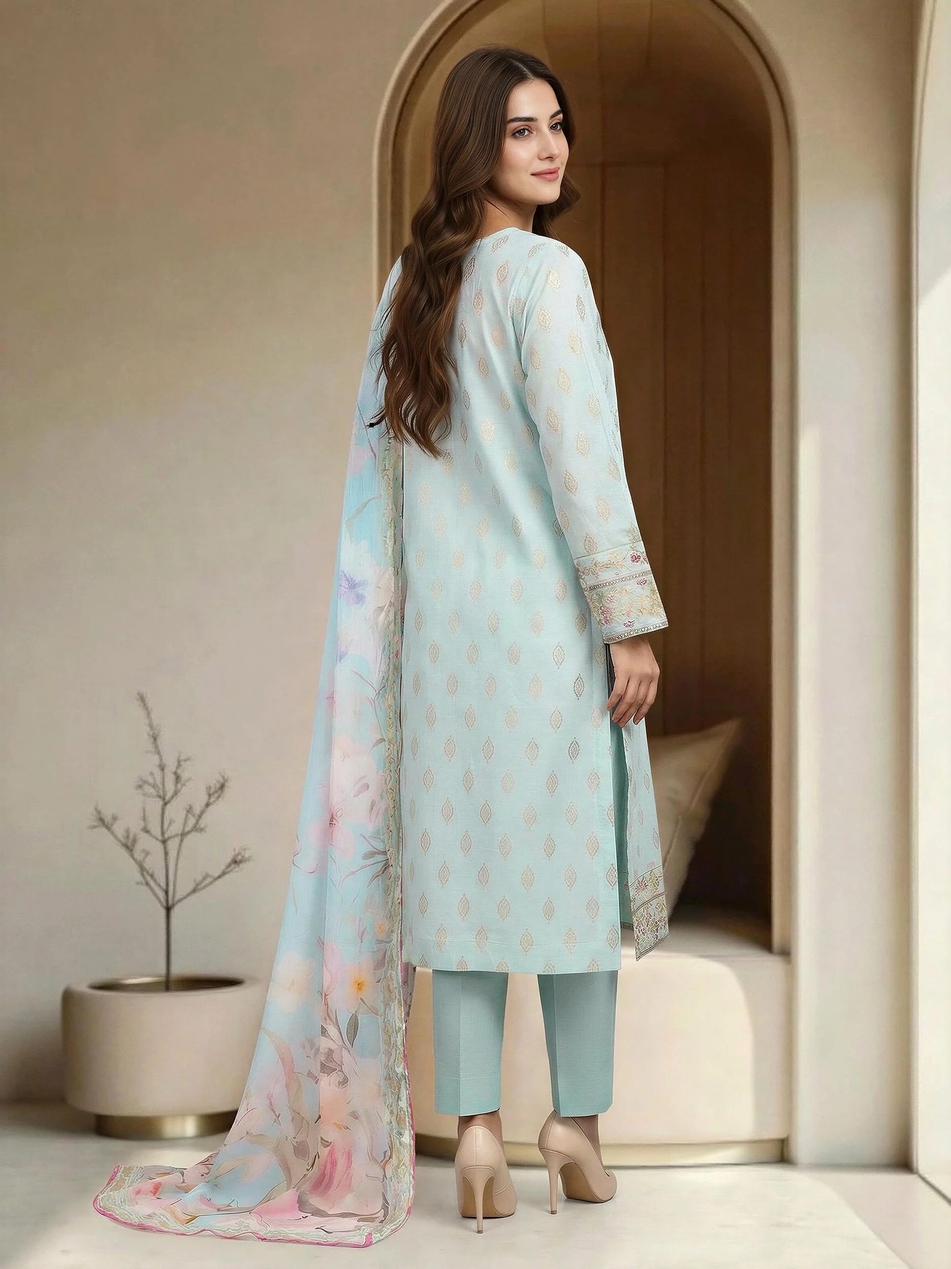 3 Piece Jacquard Suit-Embroidered (Unstitched) - Image 3