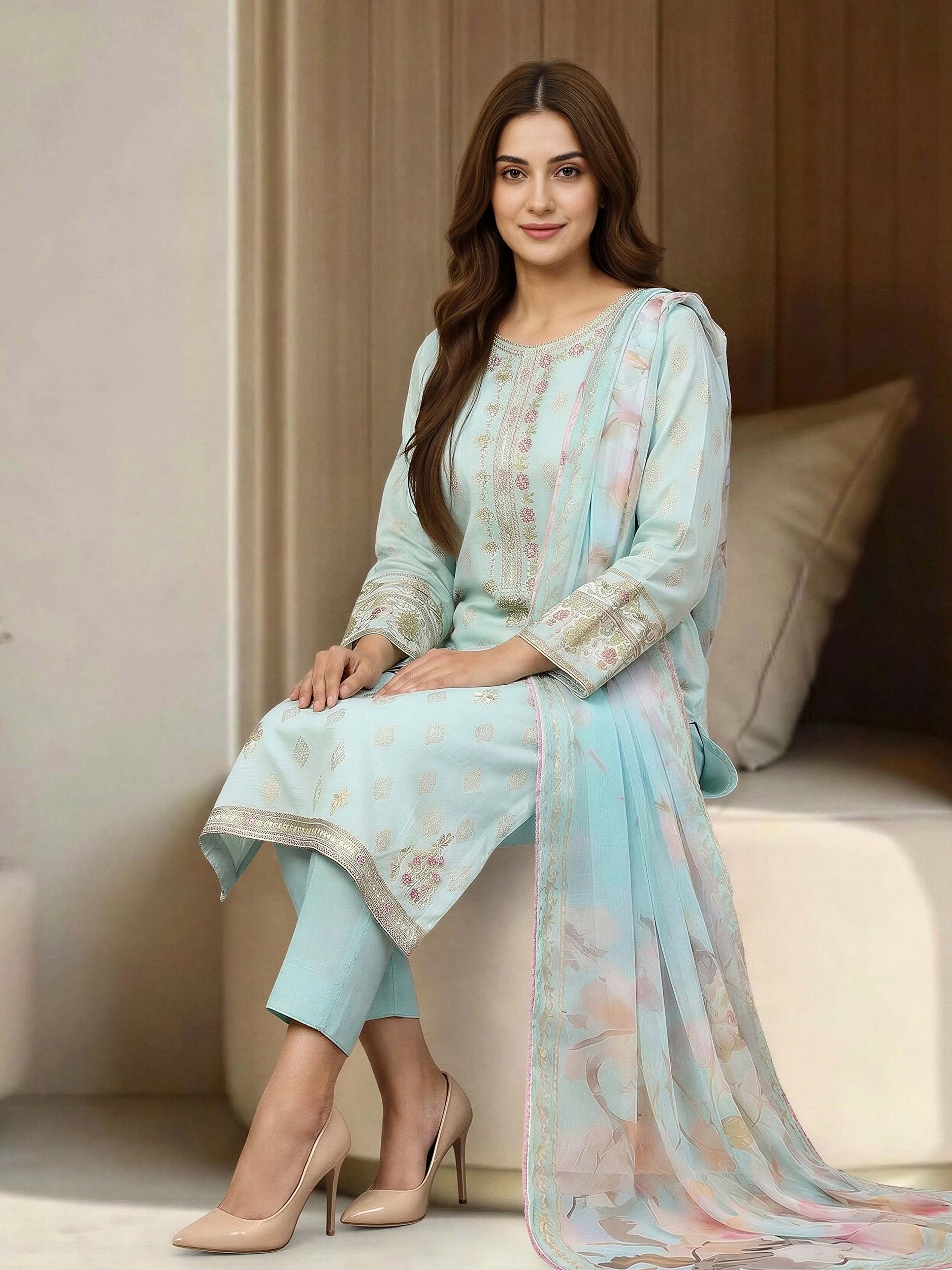 3 Piece Jacquard Suit-Embroidered (Unstitched) - Image 4