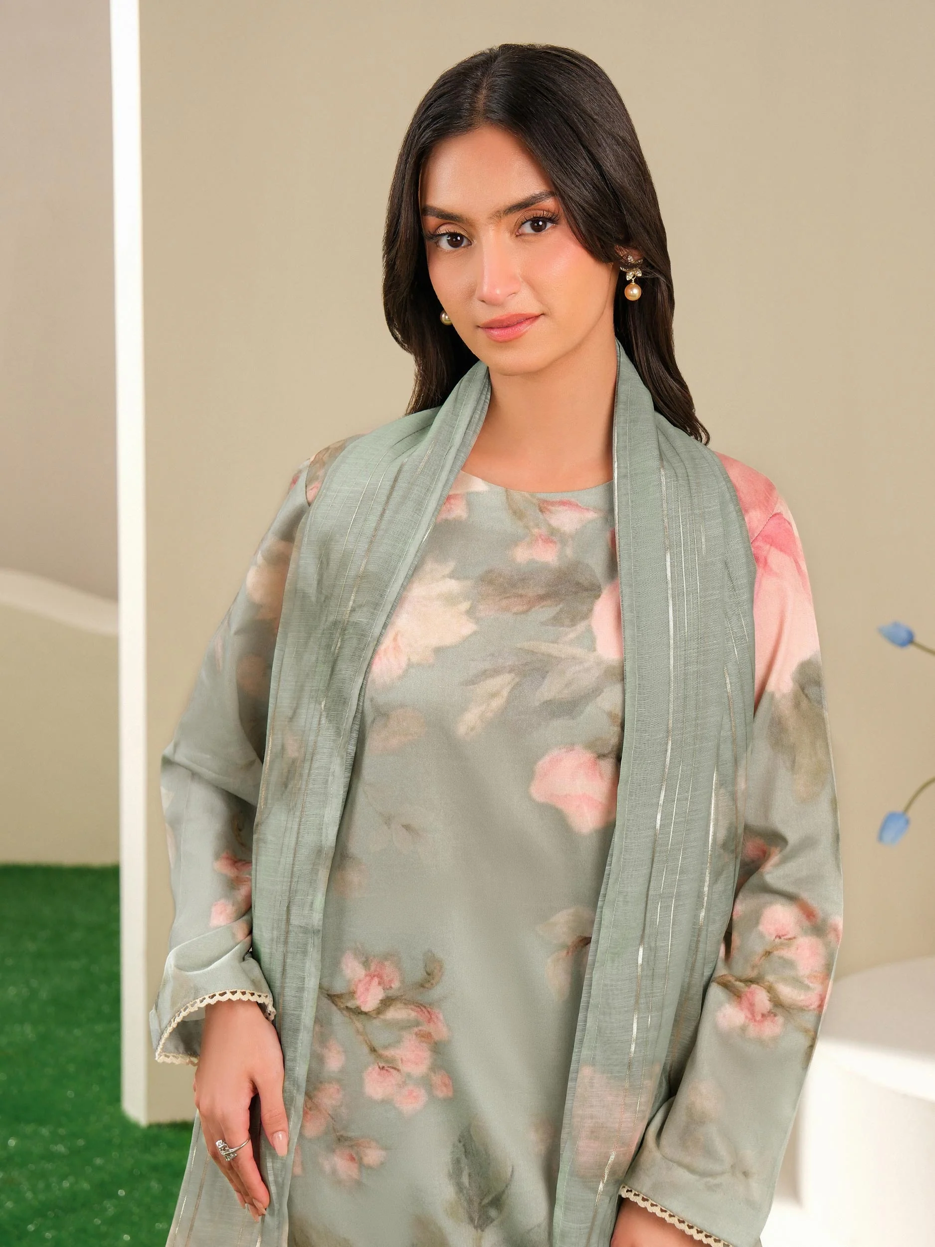 3 Piece Satin Suit-Printed (Unstitched) - Image 5