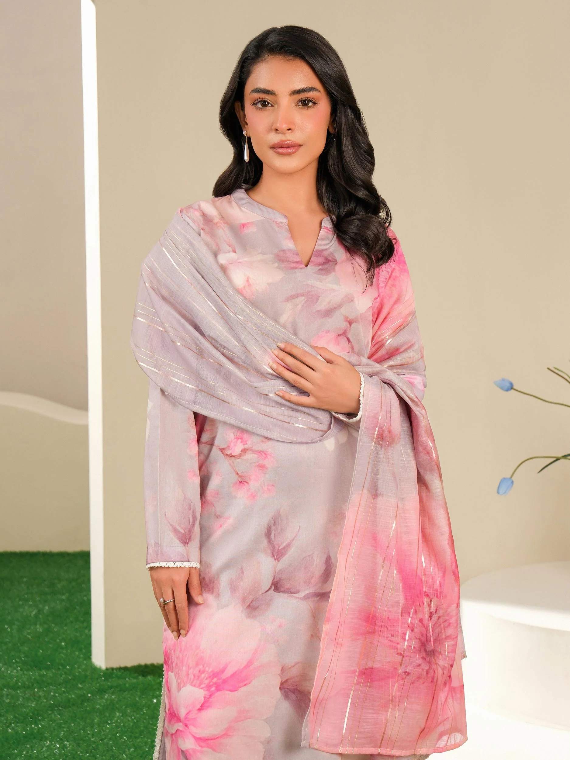 3 Piece Satin Suit-Printed (Unstitched) - Image 5