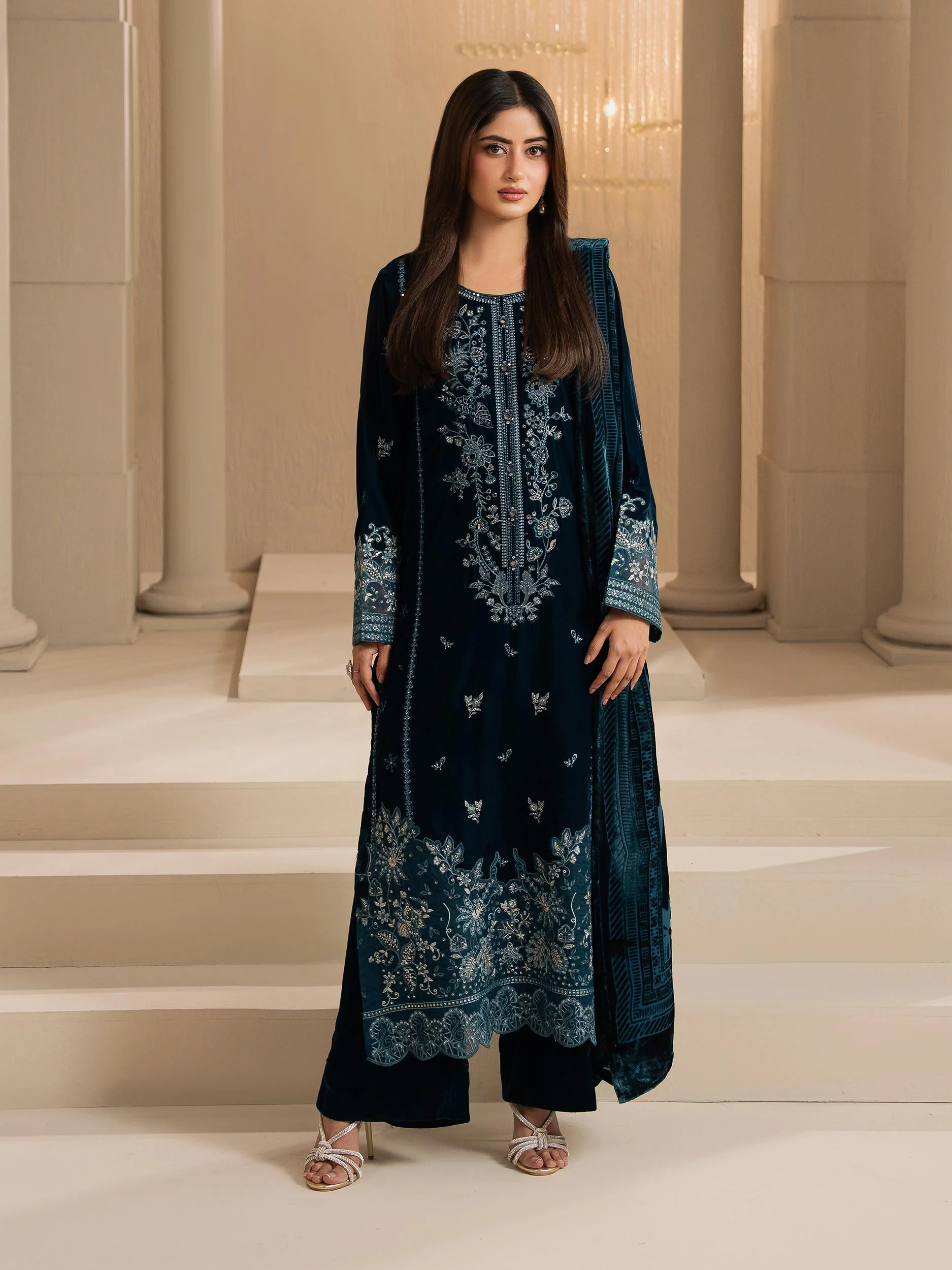 3 Piece Velvet Suit-Embroidered (Unstitched) - Image 3