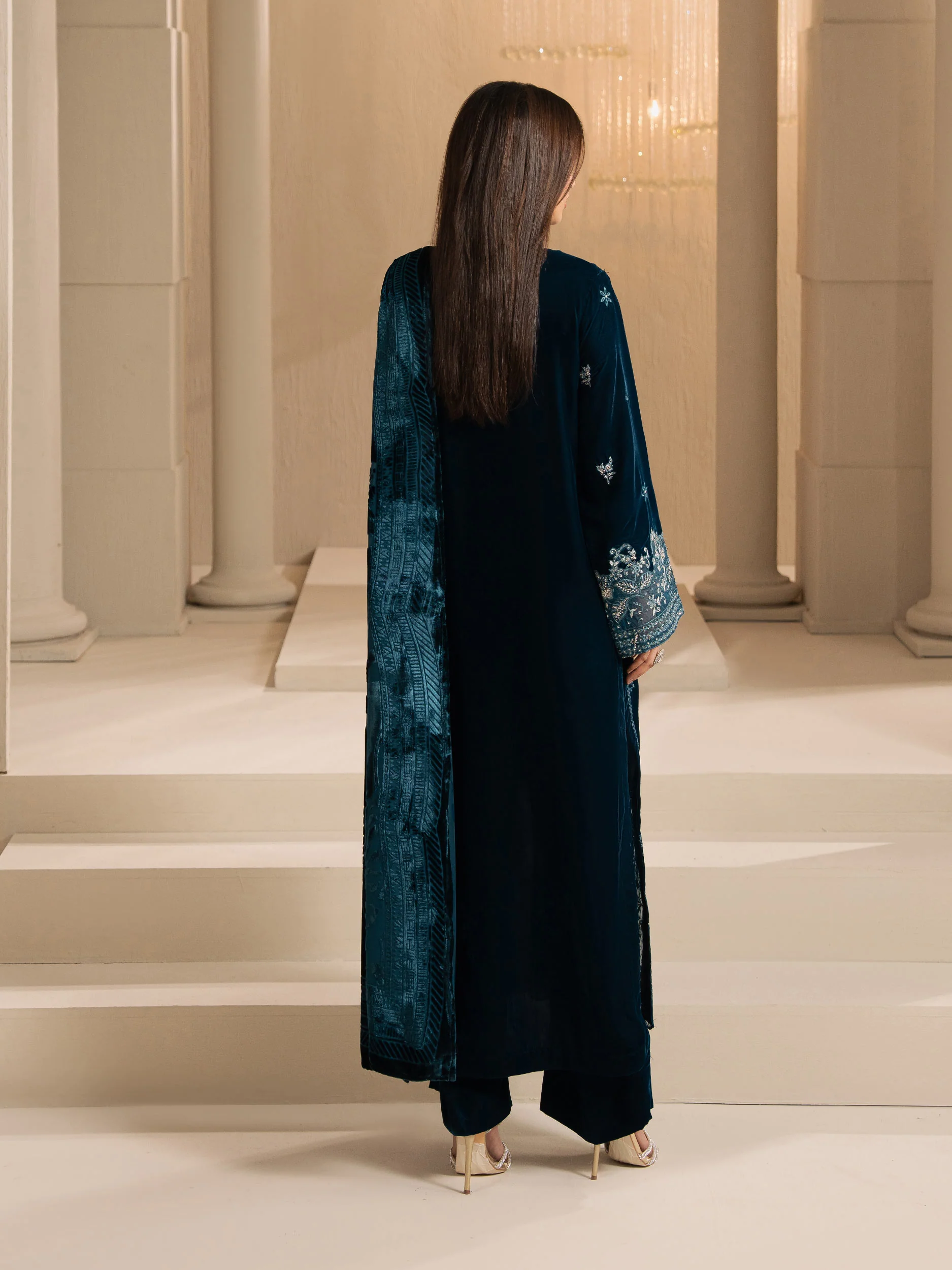 3 Piece Velvet Suit-Embroidered (Unstitched) - Image 4