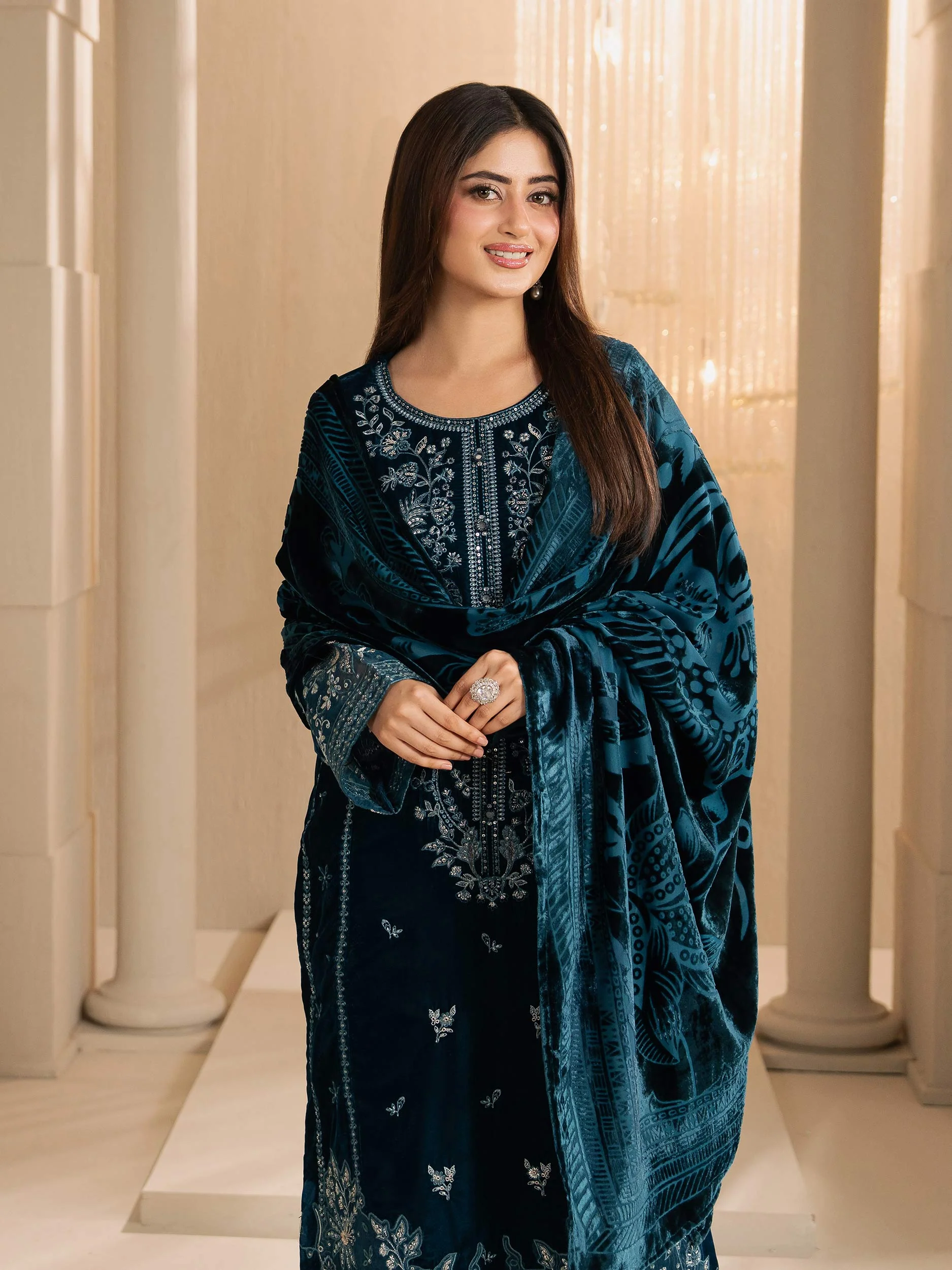 3 Piece Velvet Suit-Embroidered (Unstitched) - Image 5