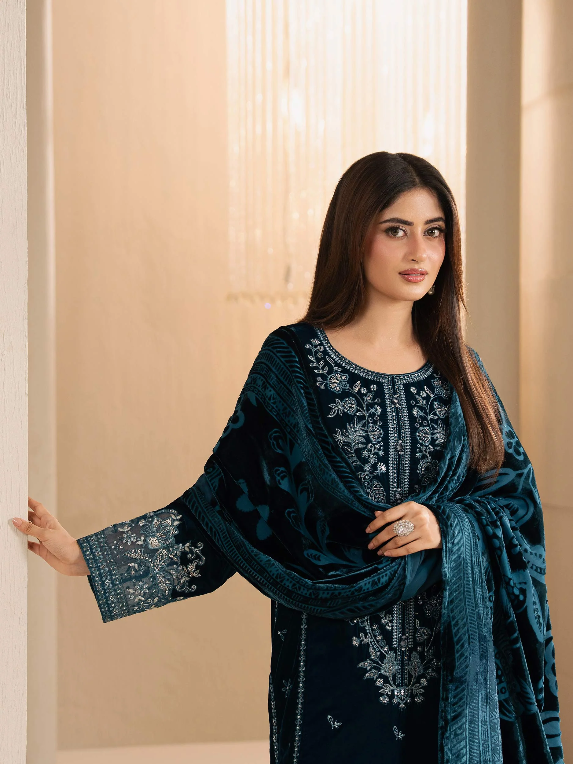 3 Piece Velvet Suit-Embroidered (Unstitched) - Image 6