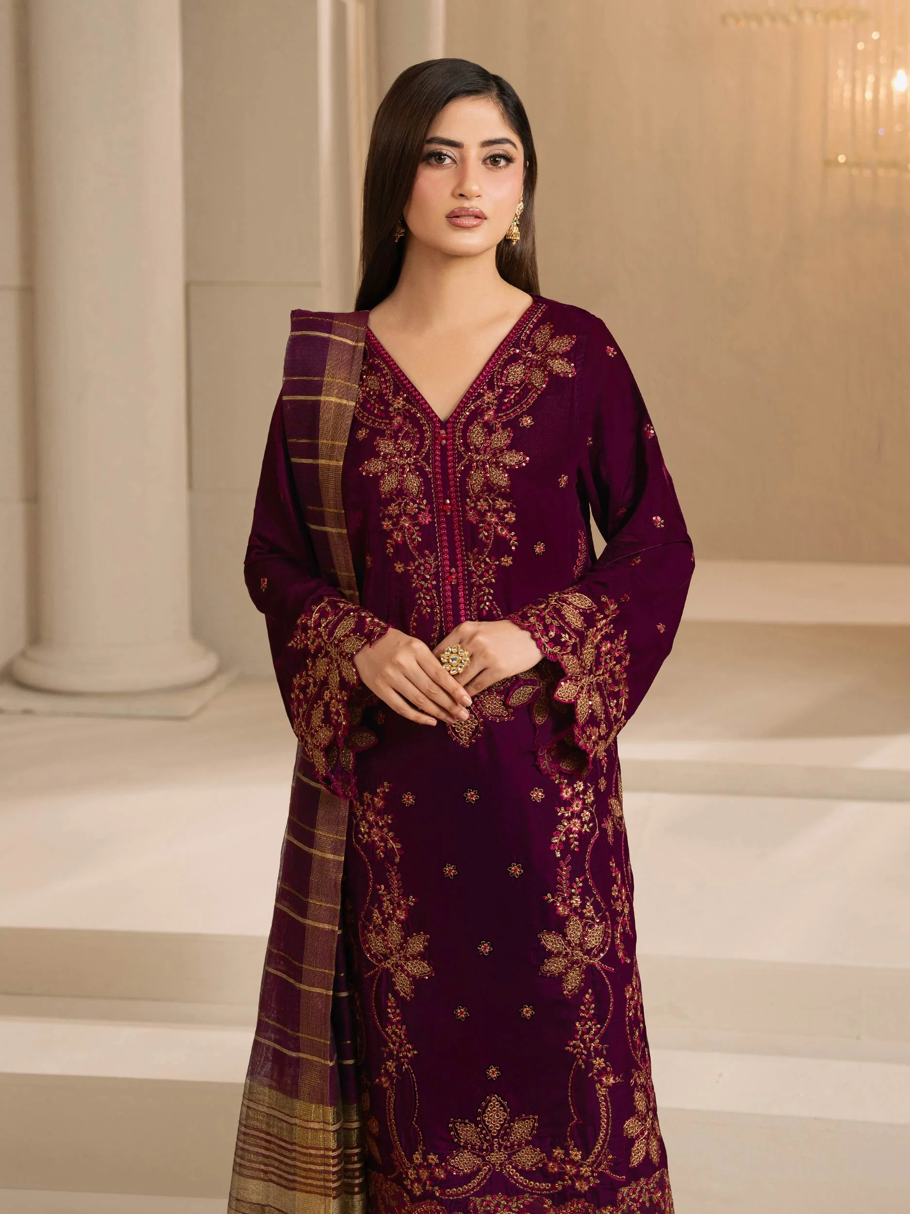 3 Piece Velvet Suit-Embroidered (Unstitched) - Image 2